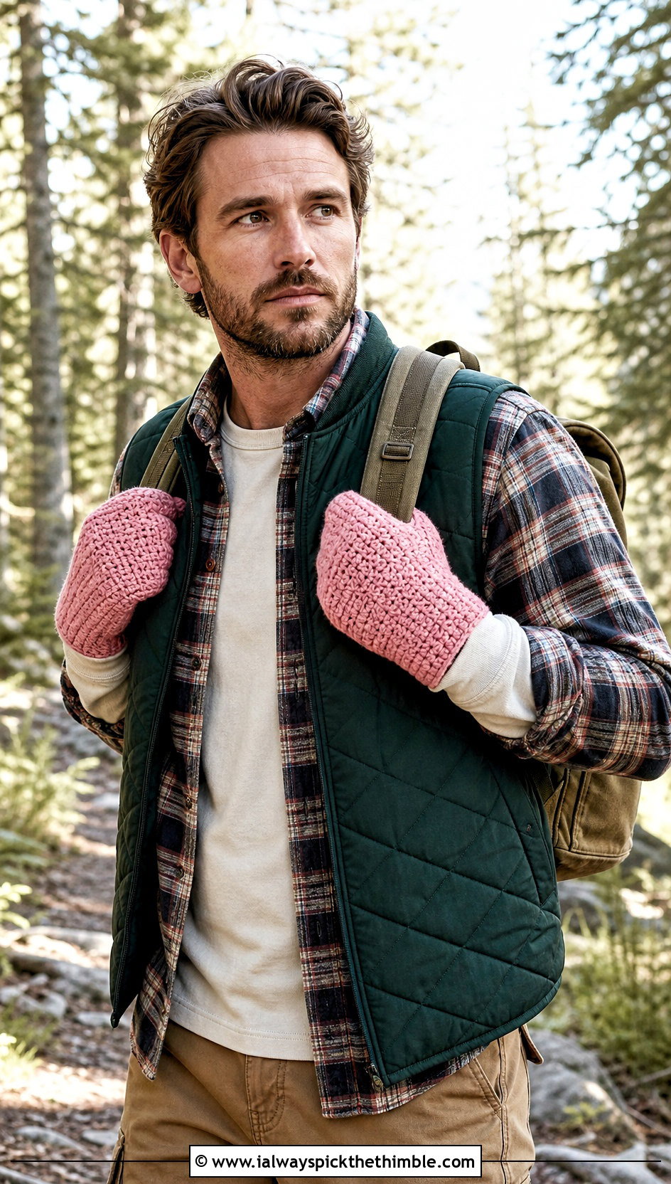 Alpine Stitch Crochet Mittens With Quilted Vest - 20 Mens Crochet Mittens outfit ideas