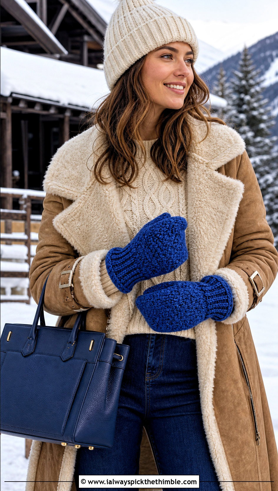 Alpine Stitch Crochet Mittens With Shearling Coat - 20 women crochet mittens outfit ideas