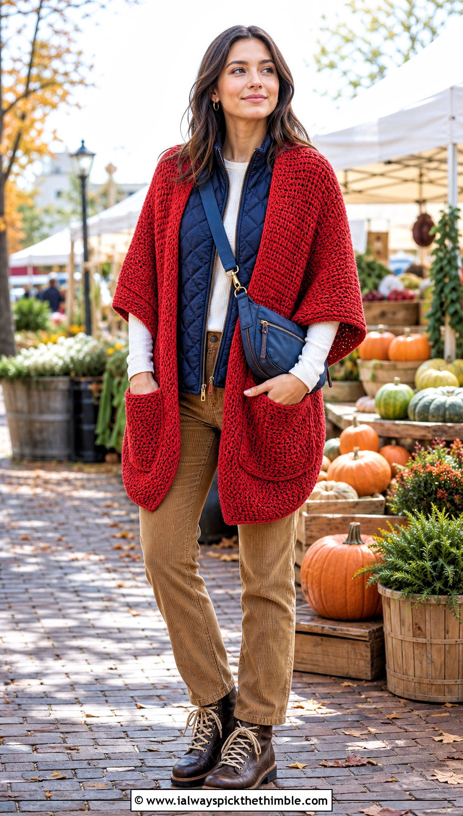Alpine Stitch Crochet Pocket Shawl With Corduroy Pants - 25 crochet pocket shawl outfit ideas