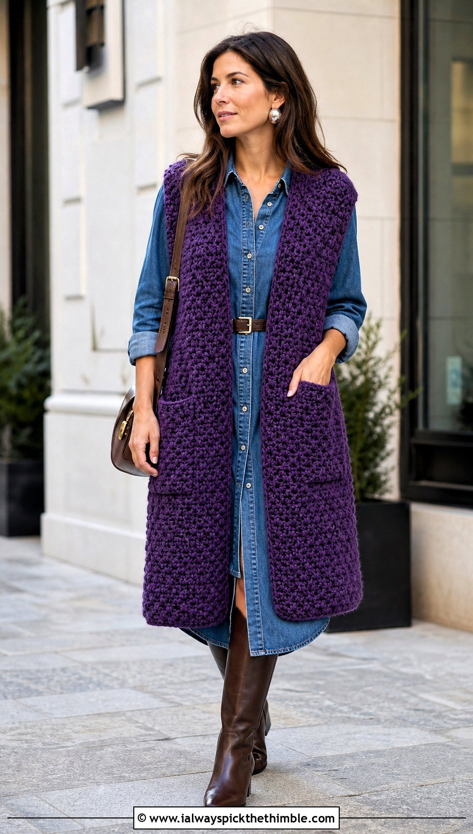 Alpine Stitch Crochet Pocket Wrap With Denim Shirt Dress - 20 Crochet Pocket Wrap outfit ideas