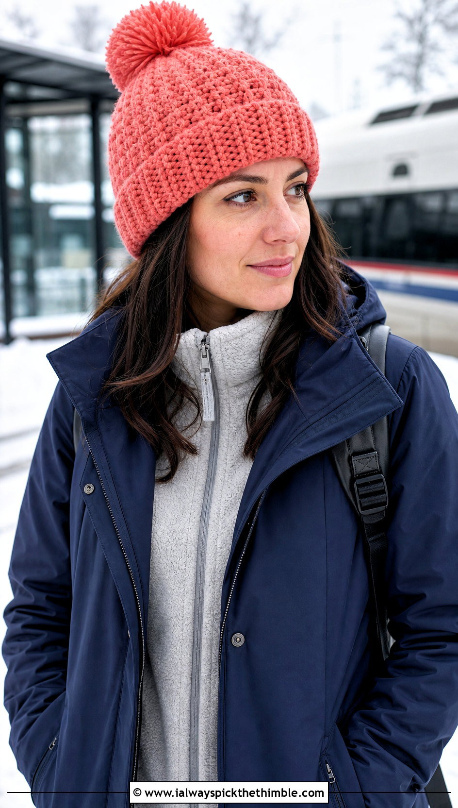 Alpine Stitch Crochet Pom Pom Beanie With Parka - 20 crochet beanie with pom pom outfit ideas