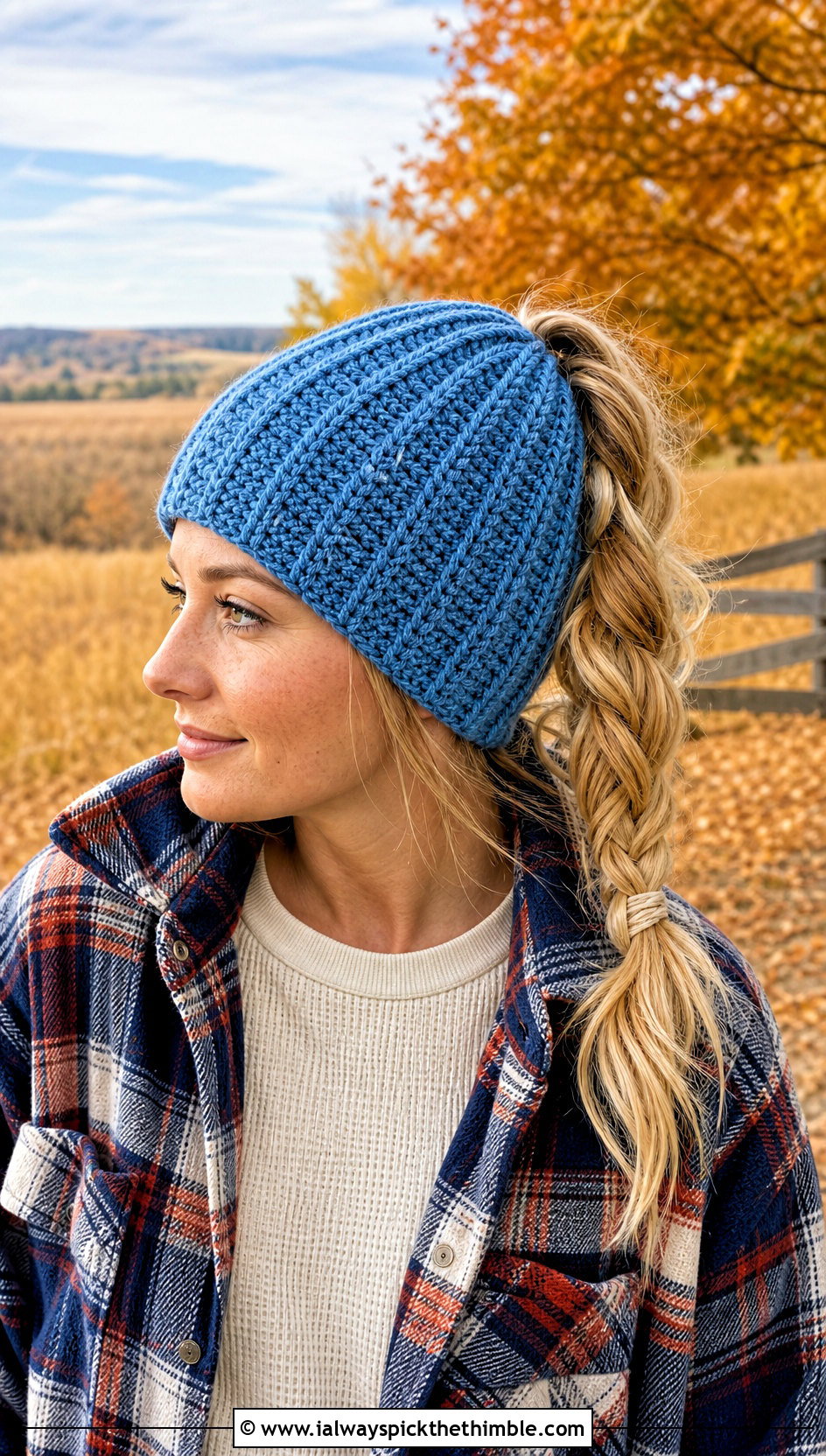 Alpine Stitch Crochet Ponytail Beanie With Plaid Shacket - 20 Crochet Ponytail Beanie outfit ideas