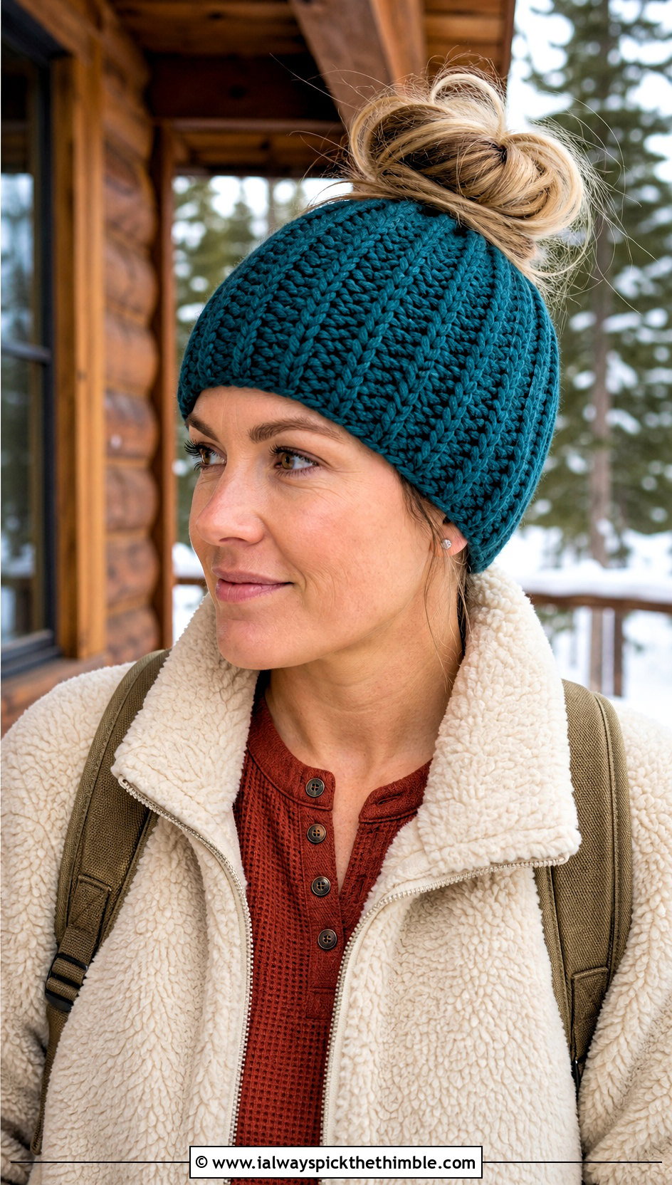 Alpine Stitch Crochet Ponytail Hat With Sherpa Jacket - 20 crochet hat with ponytail hole outfit ideas