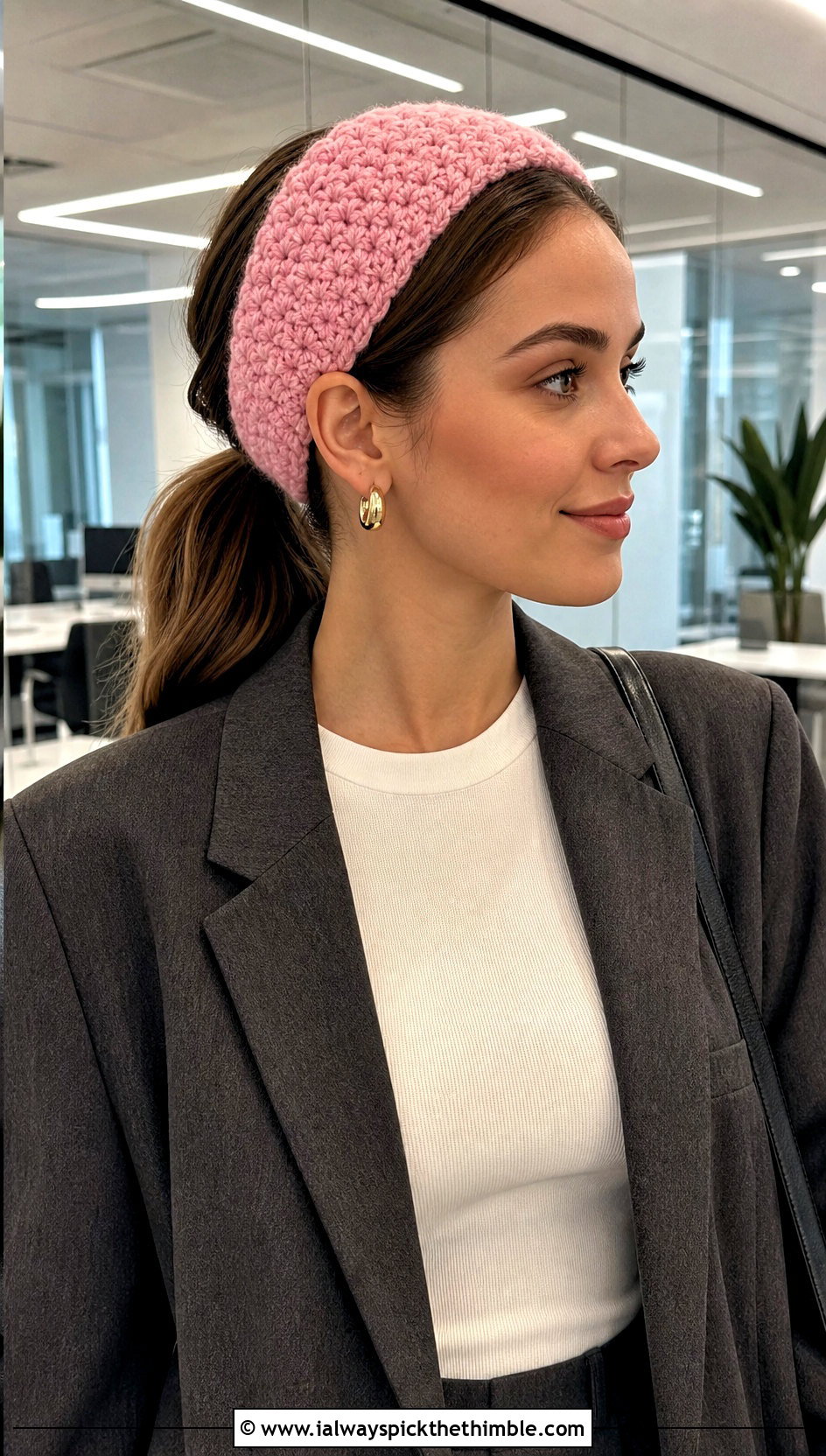 Alpine Stitch Crochet Ponytail Headband With Blazer - 20 crochet headband with ponytail hole outfit ideas