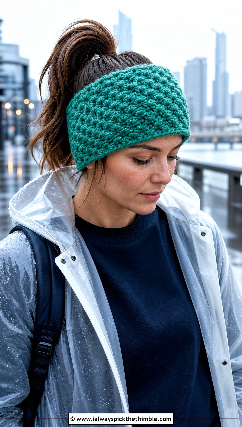 Alpine Stitch Crochet Ponytail Headband With Raincoat - 20 Crochet Ponytail Headband outfit ideas