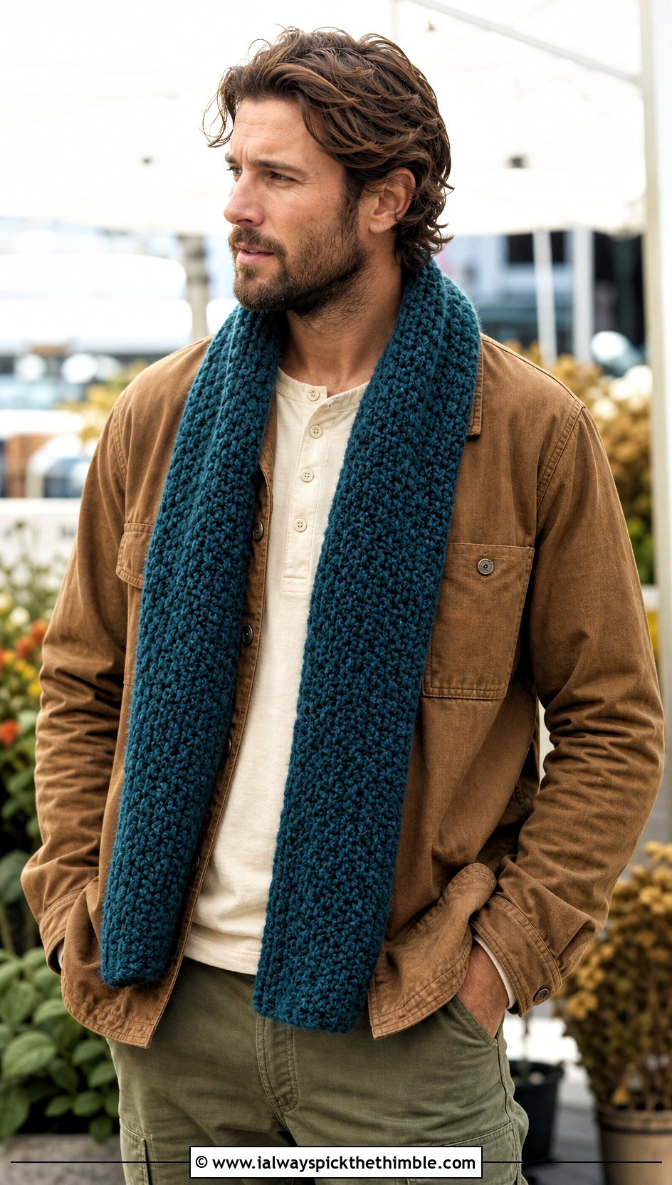 Alpine Stitch Crochet Scarf With Chore Coat - 15 crochet stitch for mens scarf outfit ideas