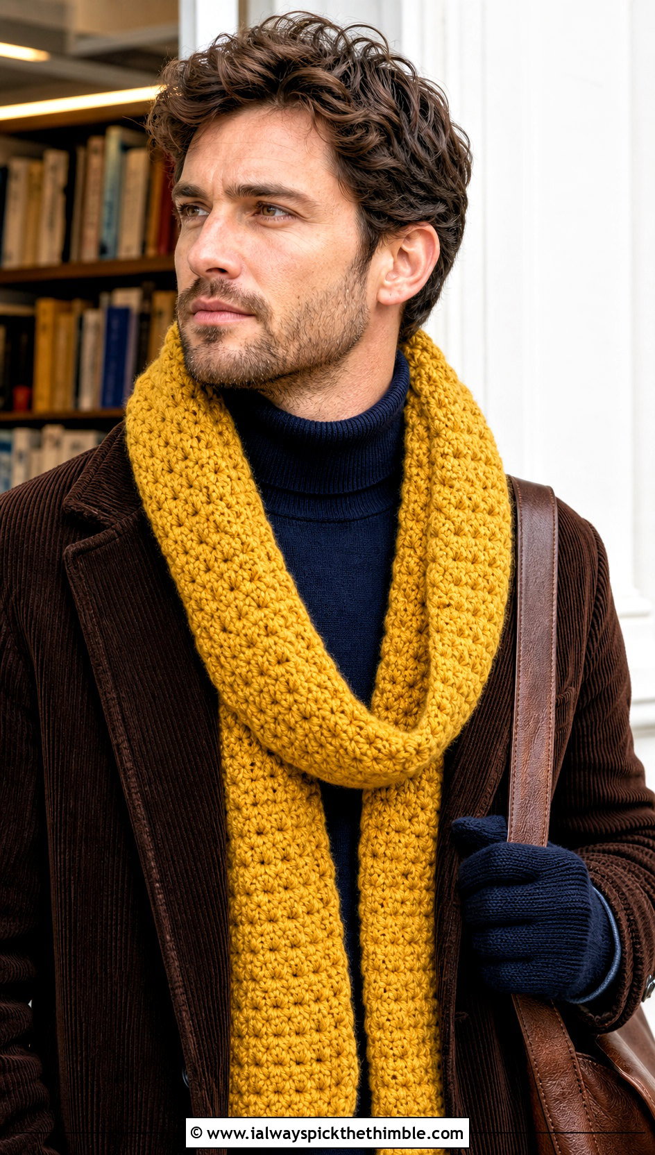 Alpine Stitch Crochet Scarf With Corduroy Jacket - 20 Mens Winter Crochet Scarf outfit ideas