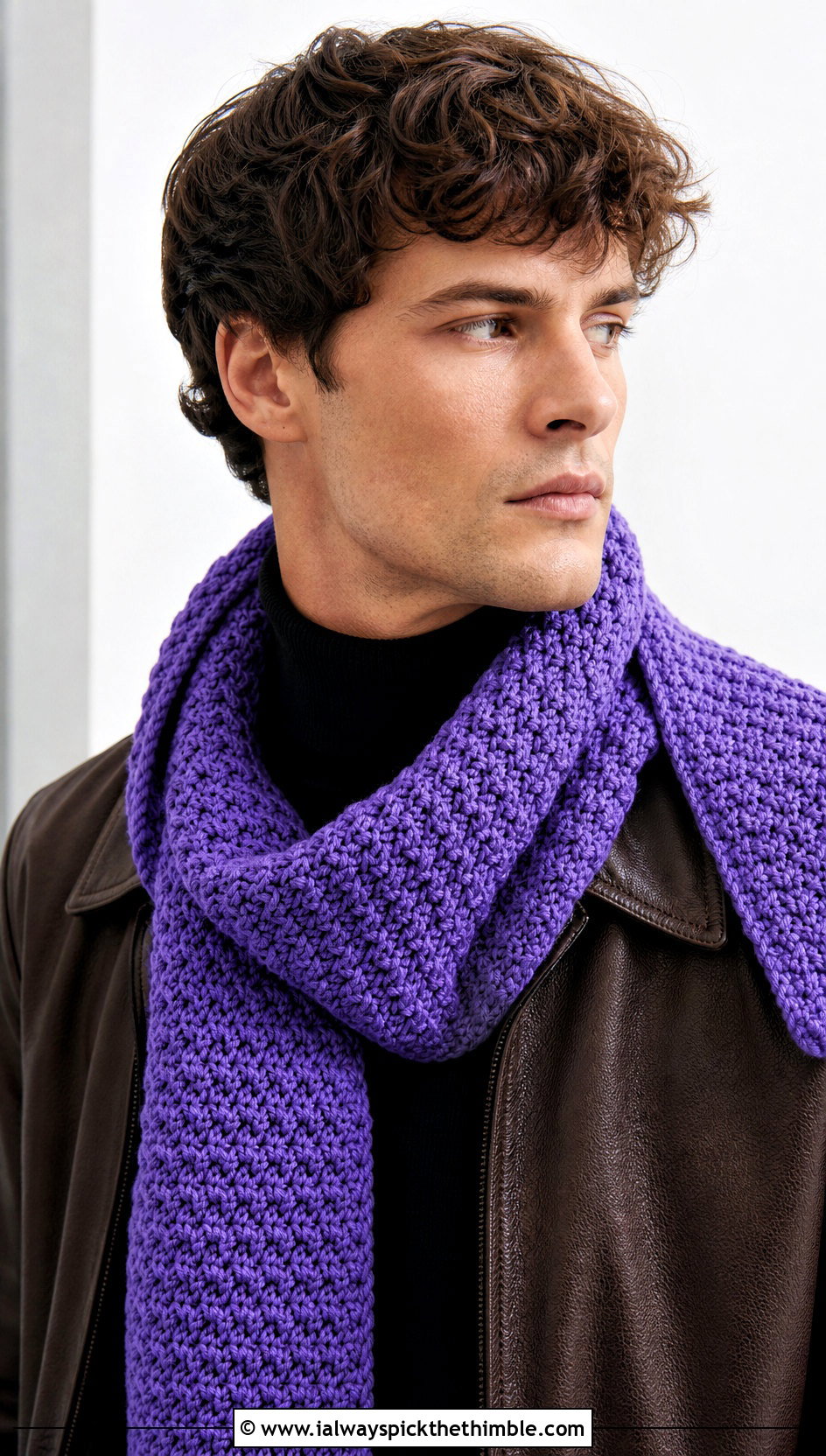Alpine Stitch Crochet Scarf With Leather Jacket - 20 crochet scarf ideas for men