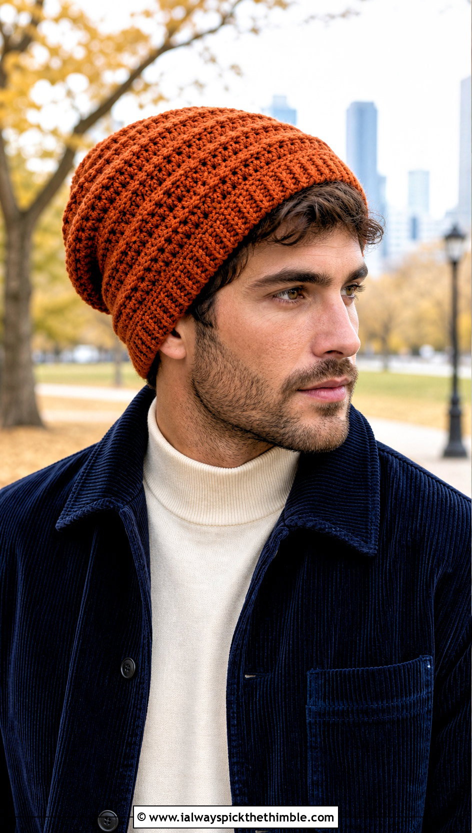 Alpine Stitch Crochet Slouchy Beanie With Corduroy Jacket - 25 Crochet Slouchy Hat Mens Slouch Beanie outfit ideas