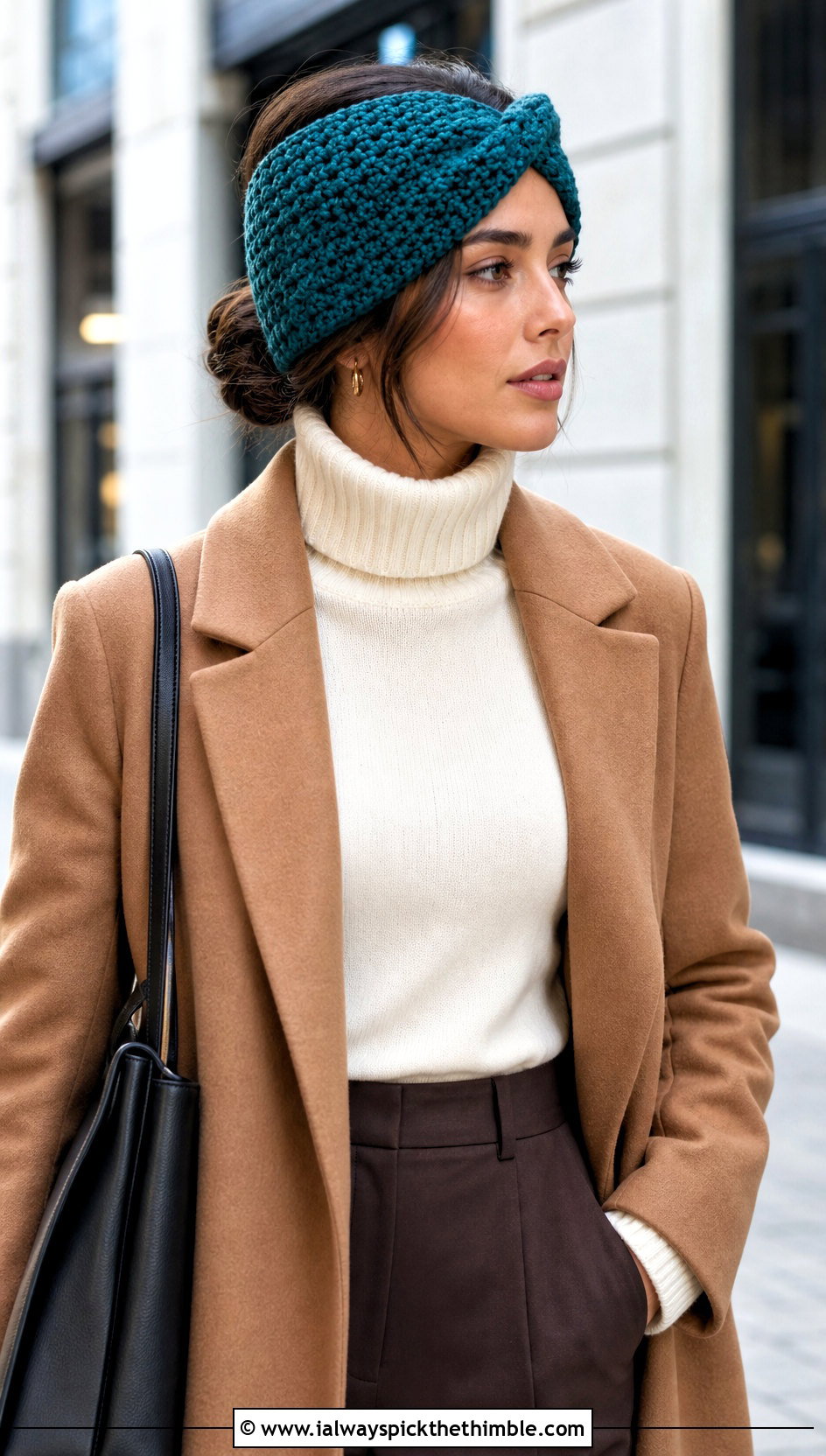 Alpine Stitch Crochet Twisted Ear Warmer With Wool Coat - 25 crochet twisted ear warmer outfit ideas