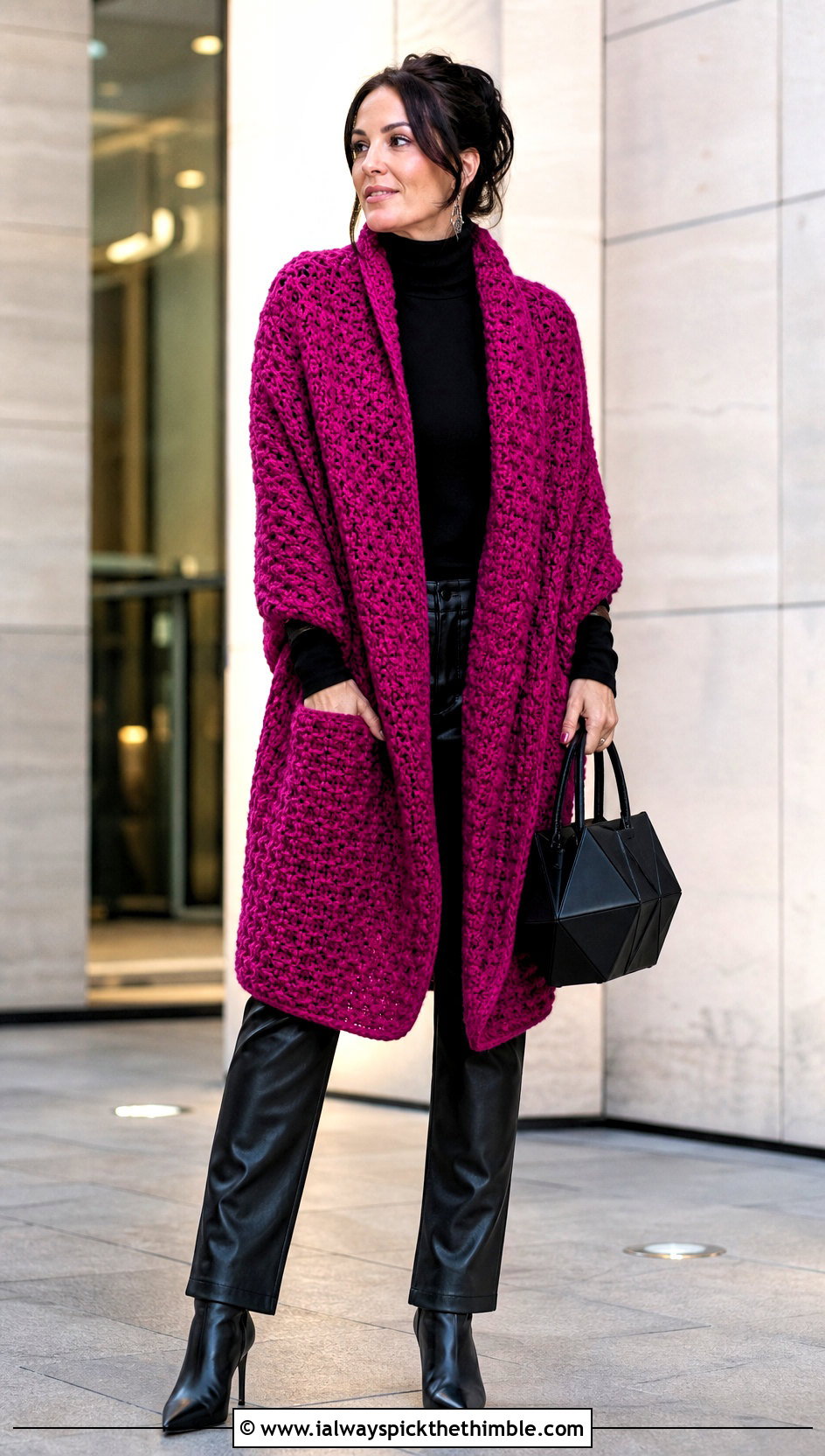 Alpine Stitch Crochet Wrap With Leather Pants - 25 crochet wrap with pockets outfit ideas