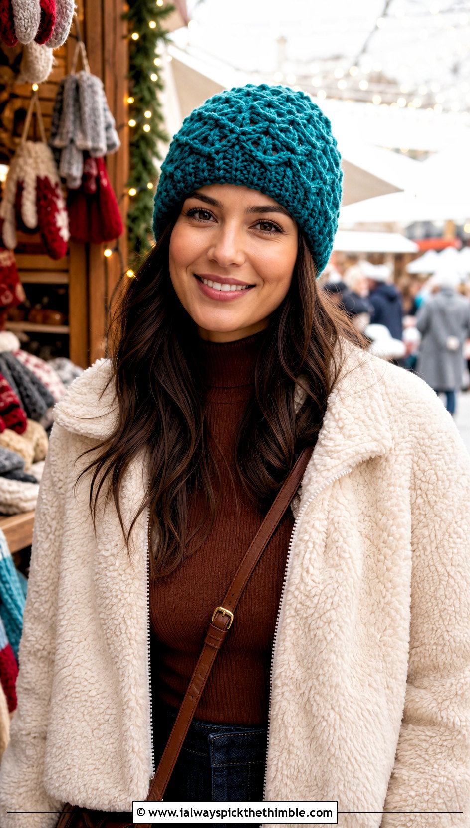 Alpine Stitch Crocheted Beanie With Sherpa Jacket And Denim Skirt - 25 crocheted beanies outfit ideas