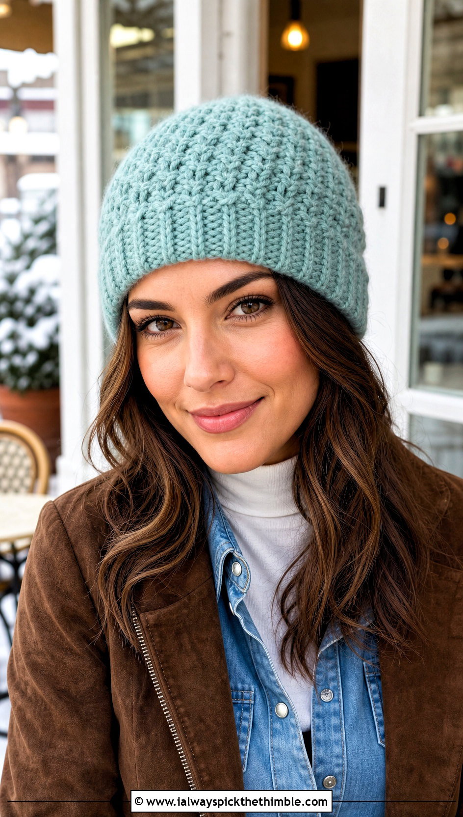 Alpine Stitch Cuffed Crochet Beanie With Denim Shirt And White Jeans - 15 Cuffed Crochet Beanie outfit ideas