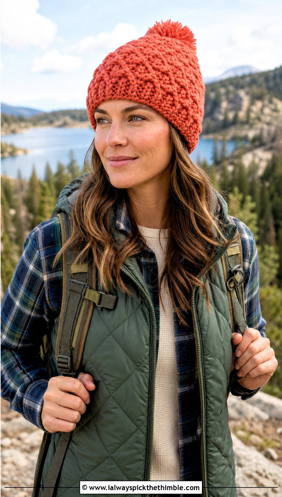 Alpine Stitch Fluffy Crochet Beanie With Quilted Vest - 20 fluffy crochet beanie outfit ideas