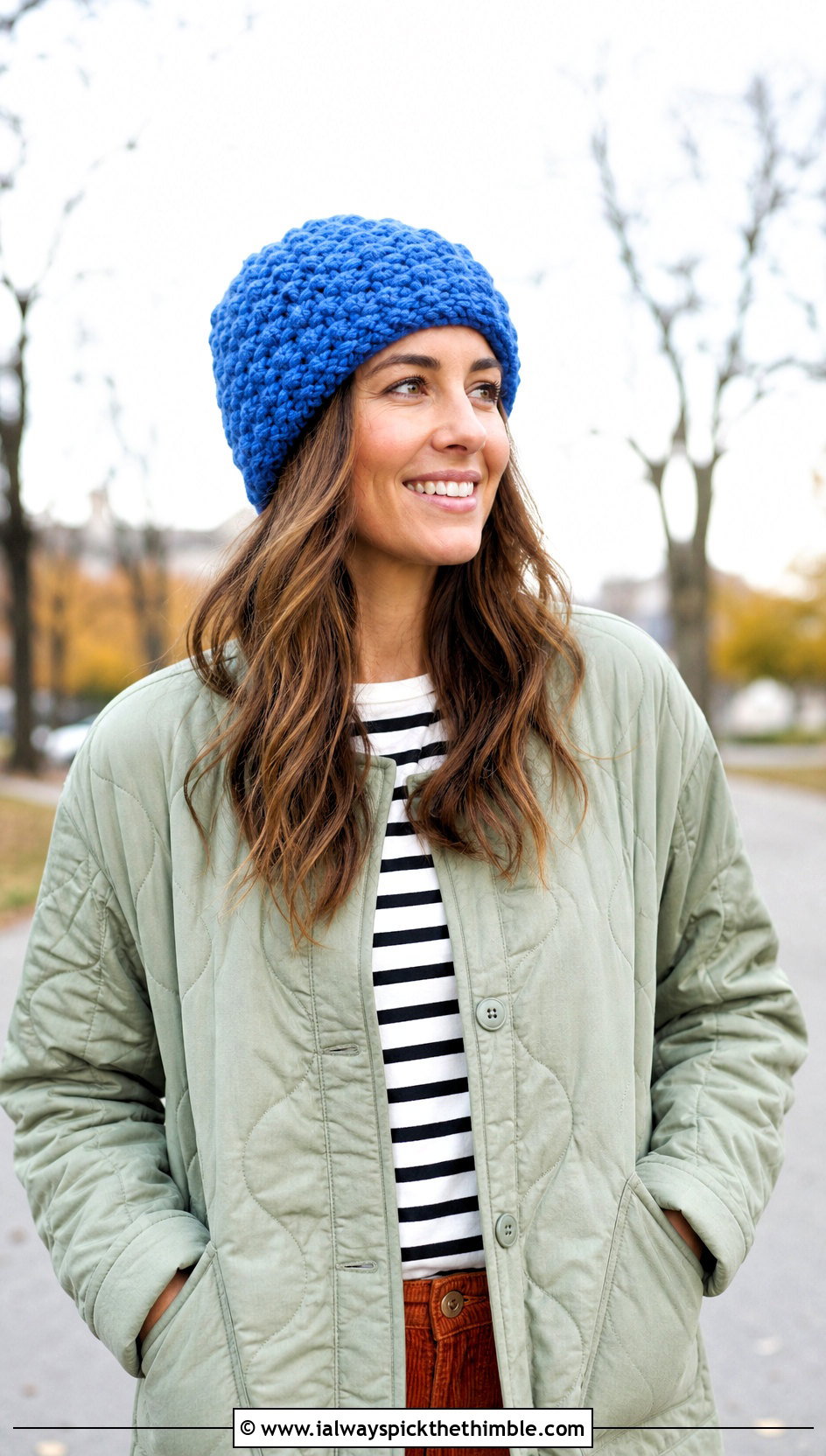 Alpine Stitch Knit Look Crochet Beanie With Quilted Jacket - 20 knit look crochet beanie outfit ideas