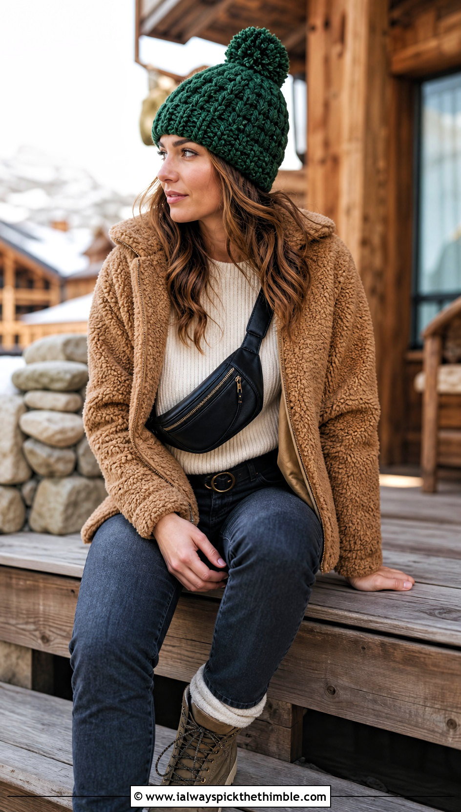 Alpine Stitch Messy Bun Crochet Beanie With Teddy Jacket - 20 easy messy bun crochet beanie outfit ideas