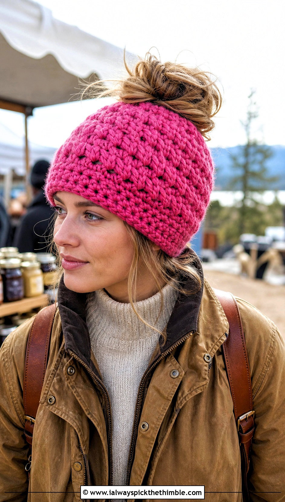 Alpine Stitch Messy Bun Crochet Hat With Corduroy Pants - 20 Easy Messy Bun Crochet Hat outfit ideas