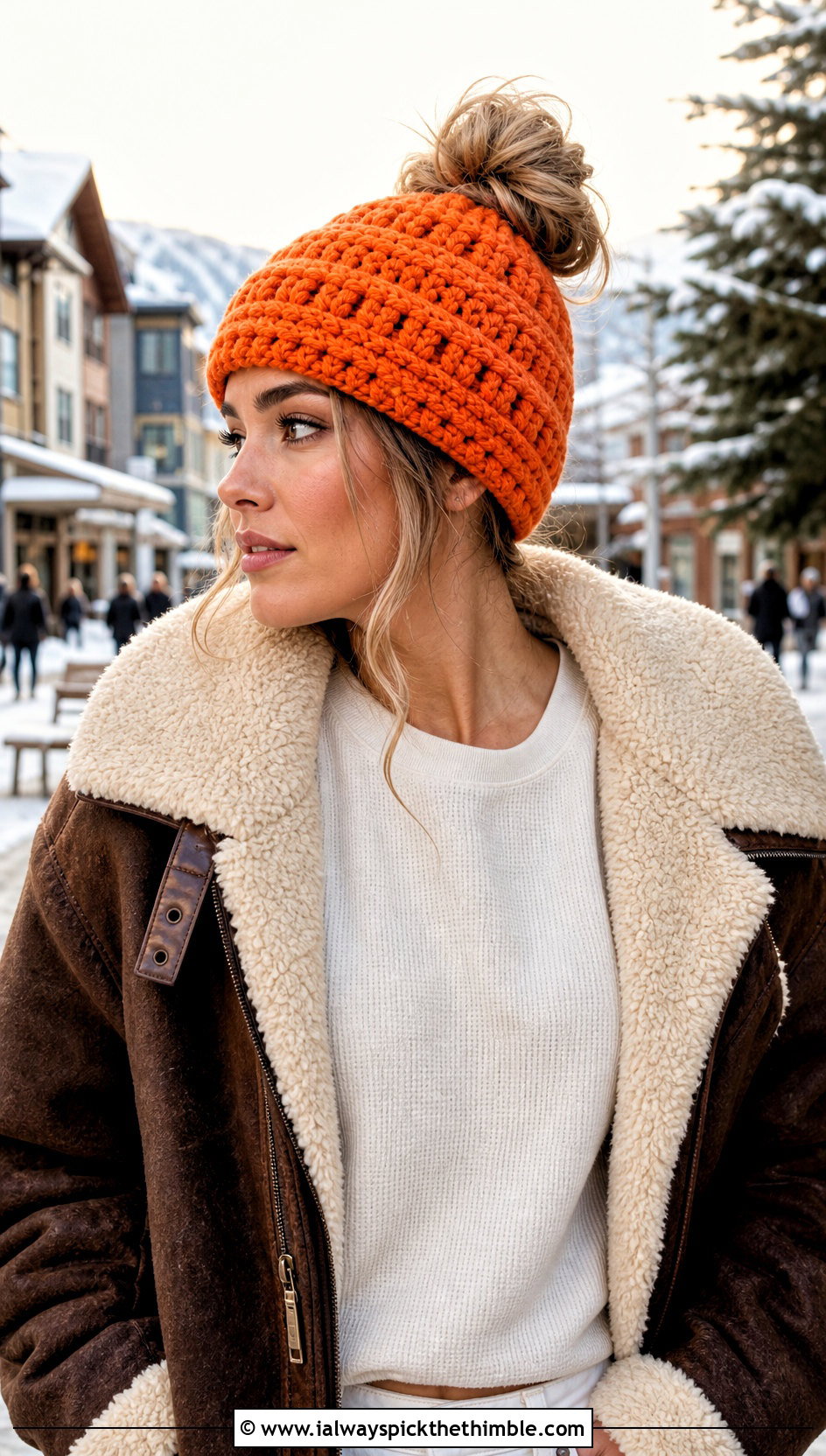Alpine Stitch Messy Bun Crochet Hat With Shearling Jacket - 20 messy bun crochet hat with hair tie outfit ideas