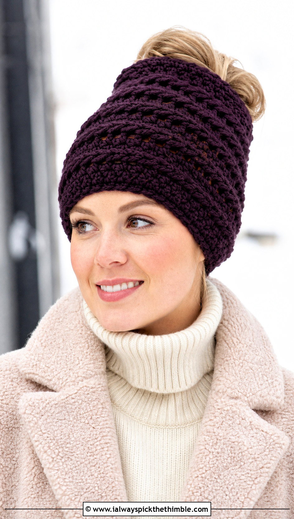 Alpine Stitch Messy Bun Crochet Hat With Teddy Coat - 20 Messy Bun Crochet Hat outfit ideas