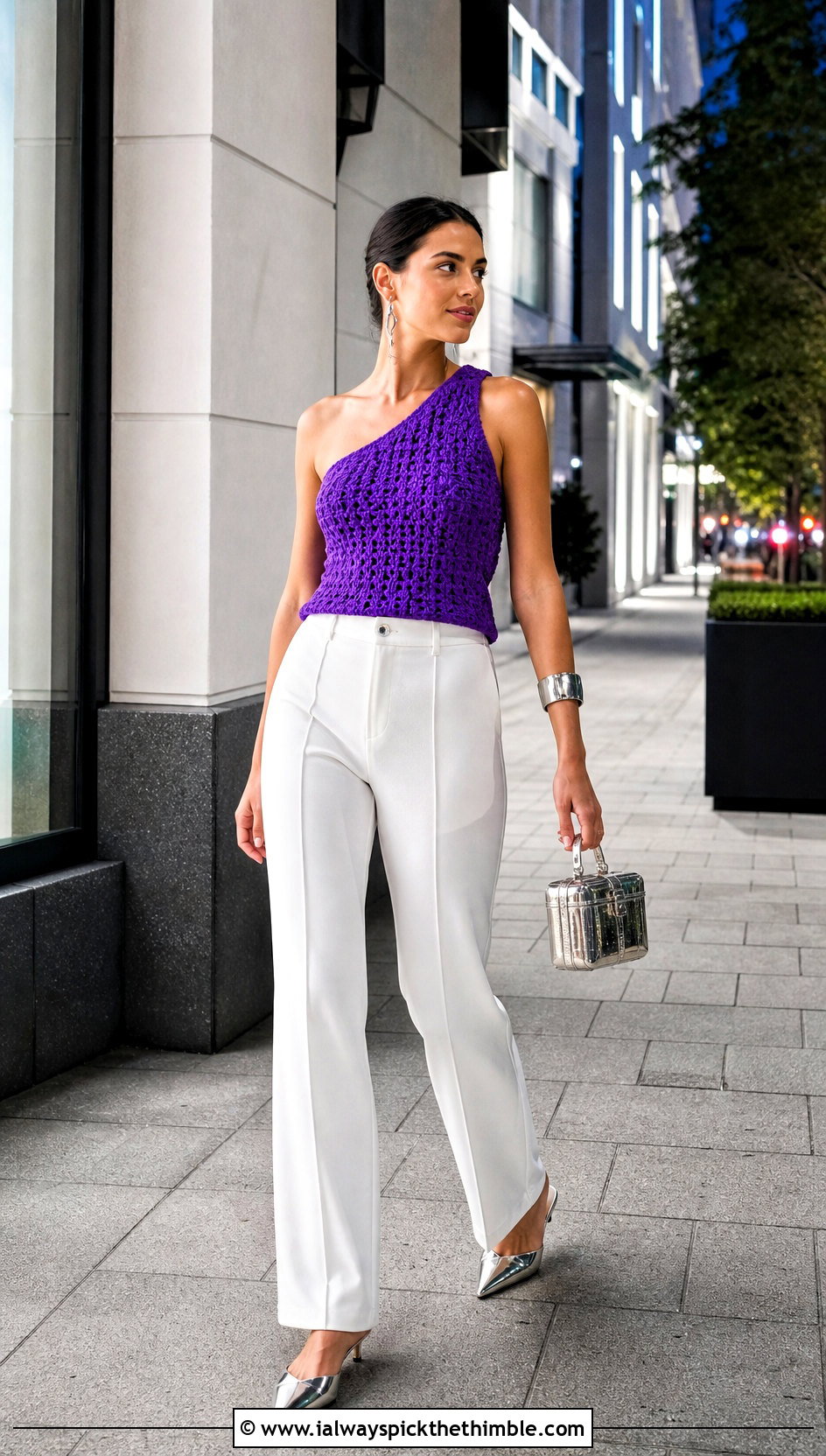 Alpine Stitch One Shoulder Top With Tailored Jeans - 20 Alpine Stitch Crochet Top outfit ideas