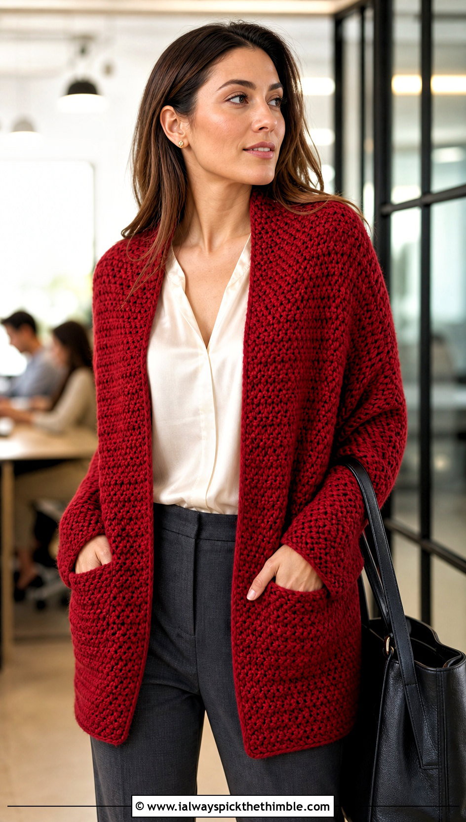 Alpine Stitch Pocket Crochet Shawl With Tailored Trousers - 15 Pocket Crochet Shawl outfit ideas