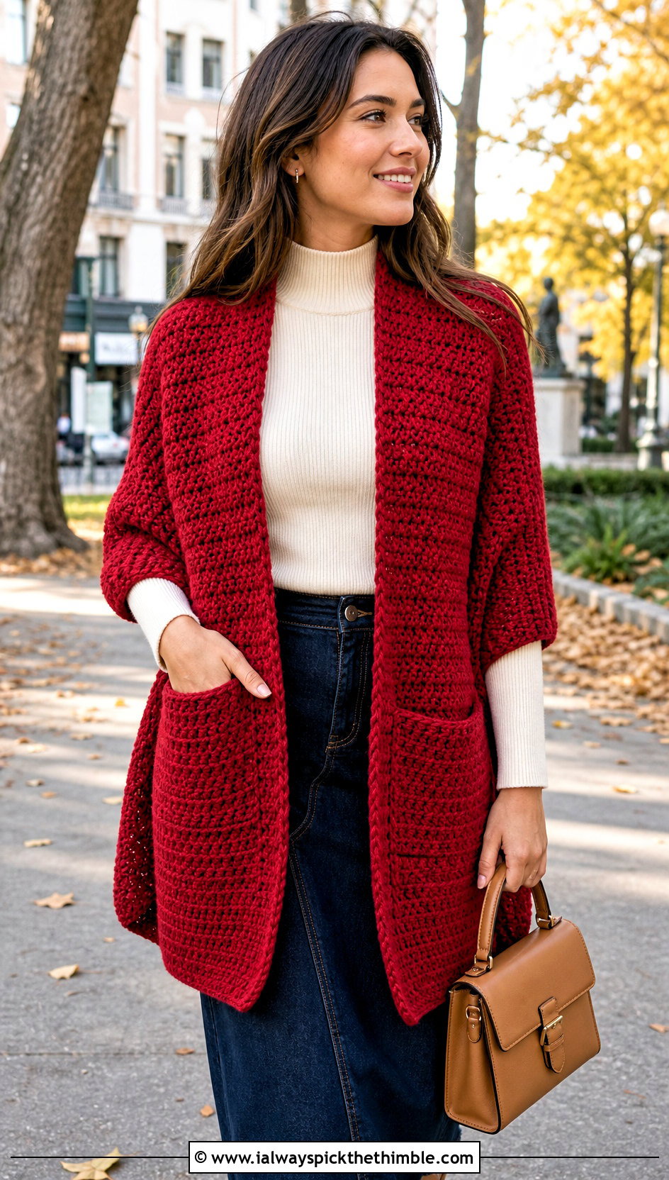 Alpine Stitch Pocket Shawl With Denim Midi Skirt - 20 Crochet Pocket Scarf Shawl outfit ideas