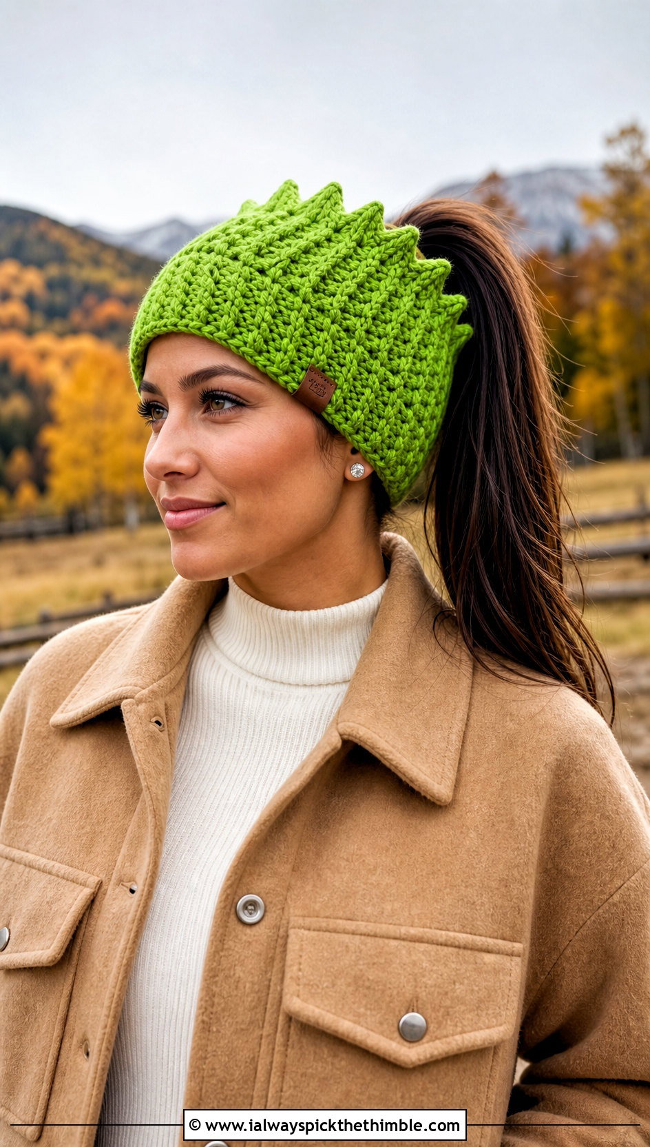 Alpine Stitch Ponytail Beanie With Shacket And Corduroy Pants - 25 crochet bun hat outfit ideas