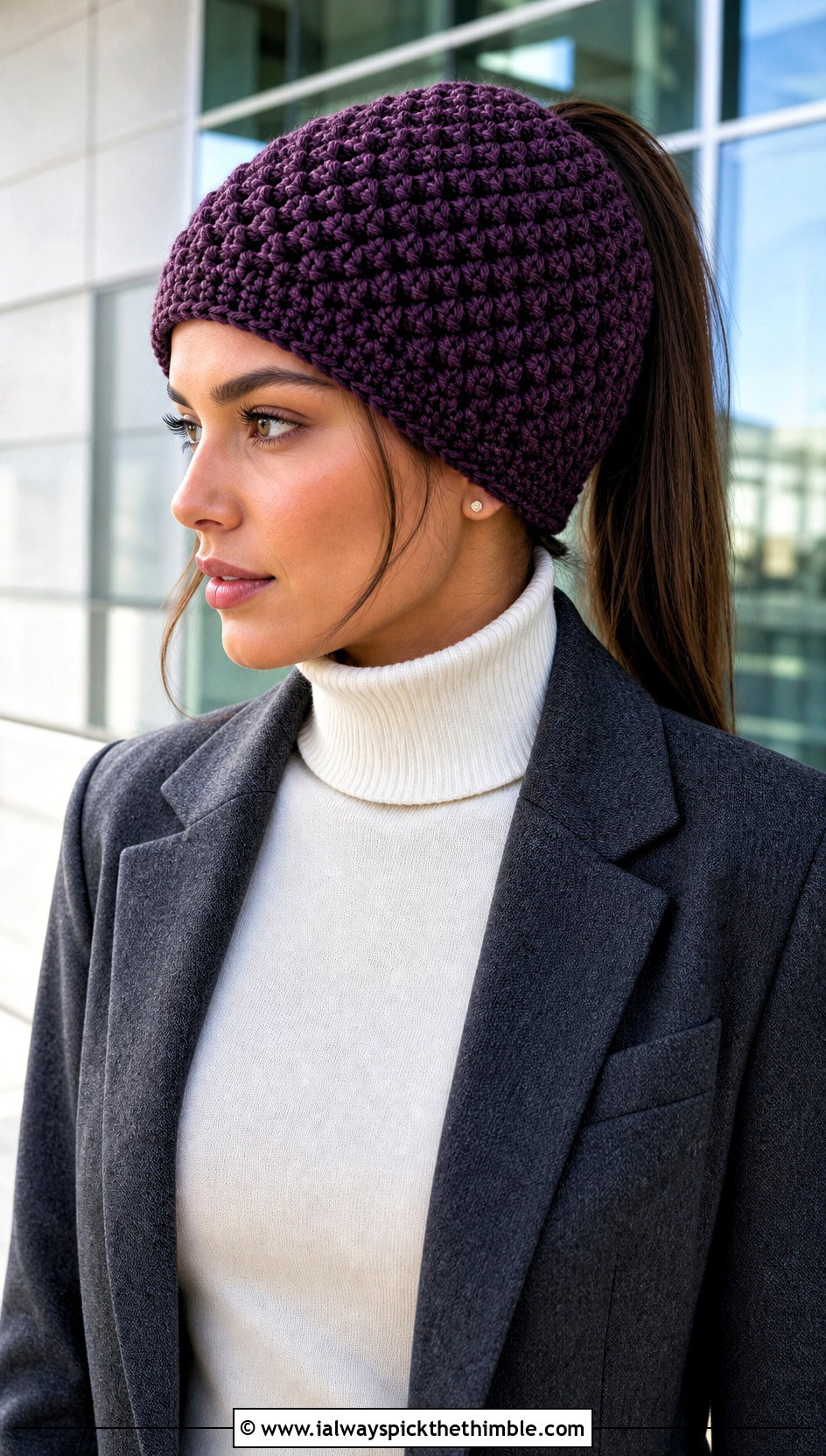 Alpine Stitch Ponytail Crochet Hat With Blazer - 20 ponytail crochet hat outfit ideas