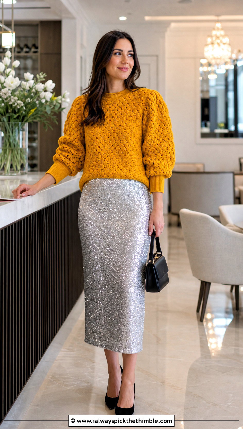 Alpine Stitch Puff Sleeve Sweater With Sequin Skirt - 20 crochet alpine stitch sweater outfit ideas