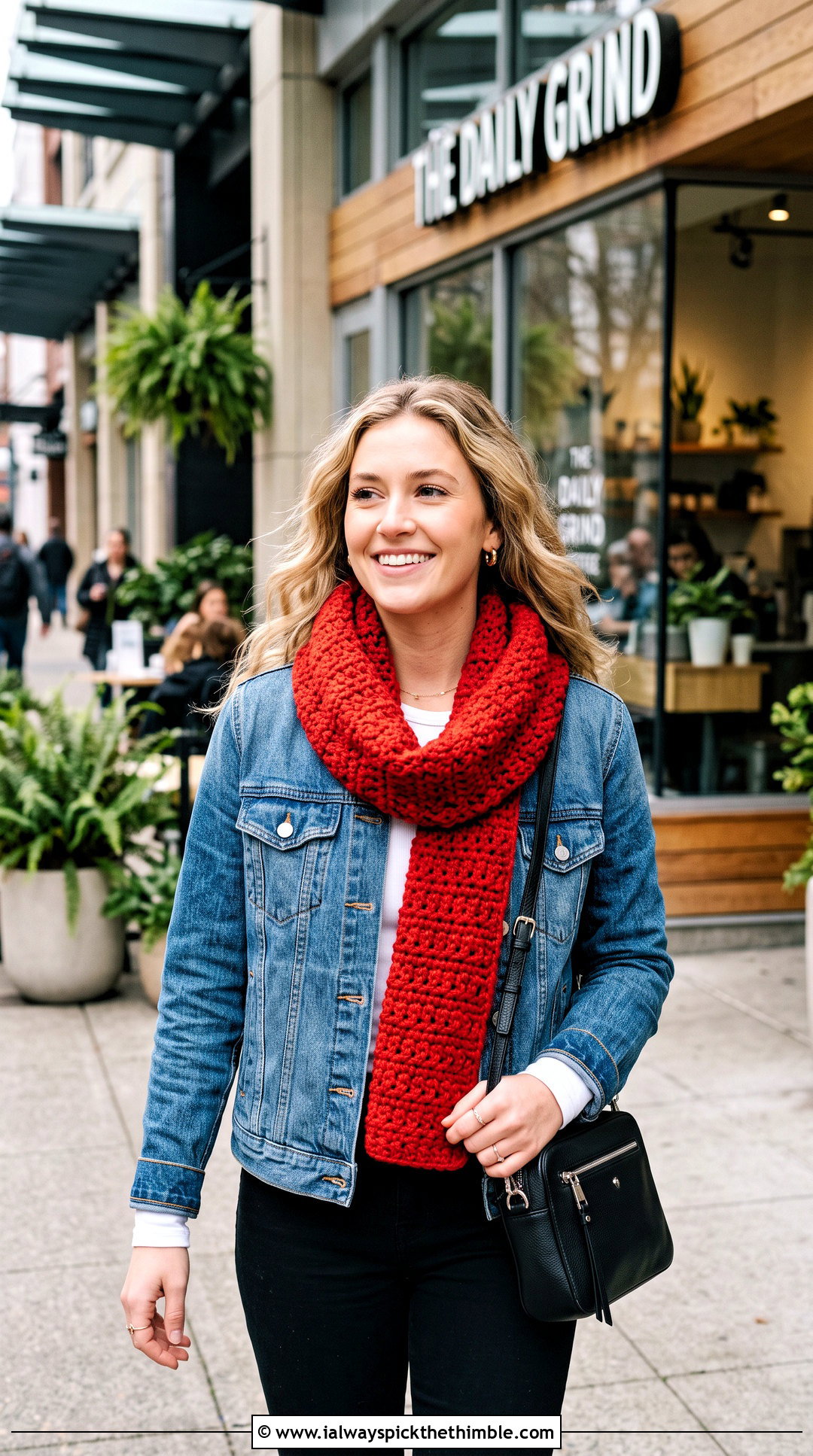 Alpine Stitch Red Crochet Scarf With Denim Jacket - 20 taylor swift red crochet scarf outfit ideas