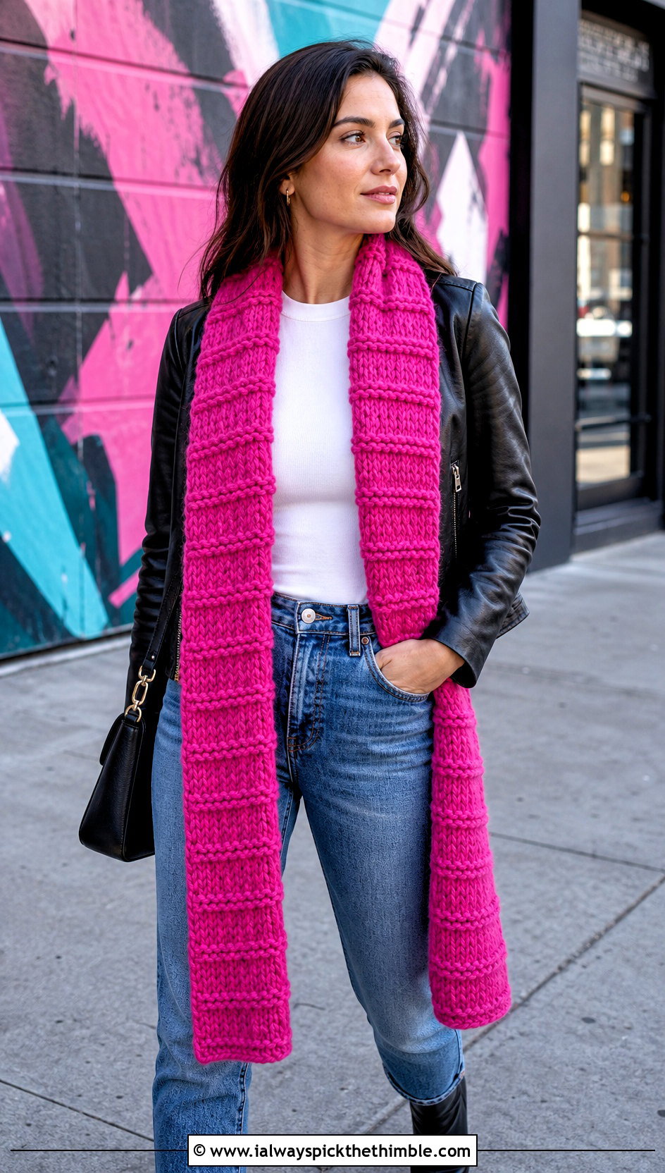 Alpine Stitch Sampler Scarf With Leather Jacket - 20 Crochet Stitch Sampler Scarf outfit ideas