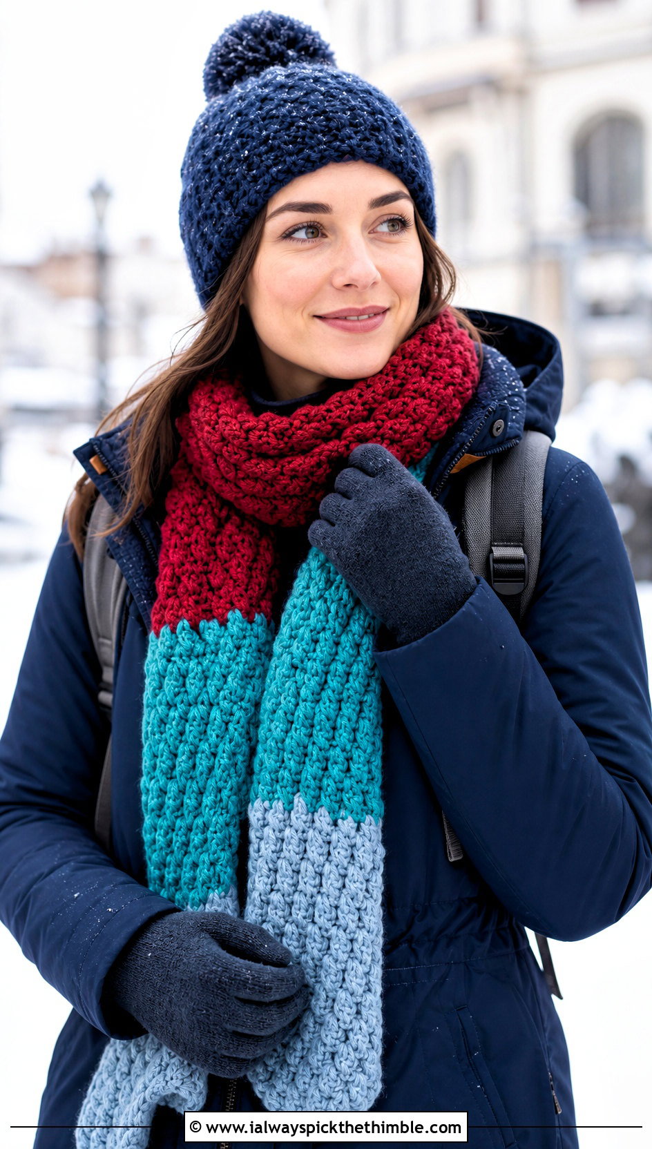 Alpine Stitch Temperature Scarf With Parka - 20 crochet temperature scarf outfit ideas