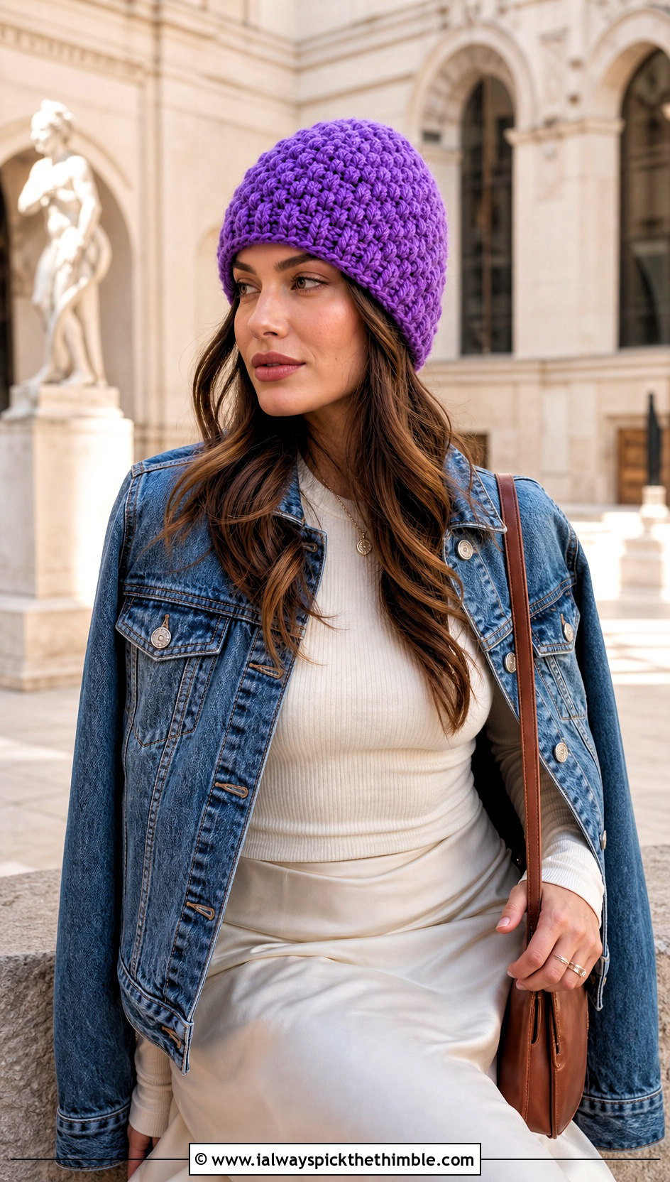 Alpine Stitch Top Down Crochet Beanie With Denim Jacket And Midi Skirt - 25 top down crochet beanie outfit ideas