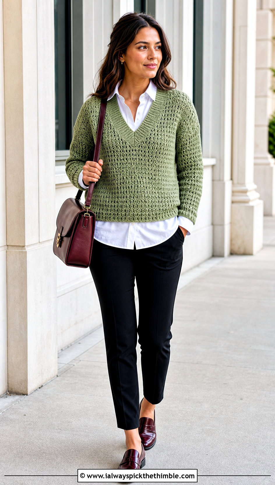 Alpine Stitch V Neck Sweater With Button Down Shirt - 20 crochet alpine stitch sweater outfit ideas