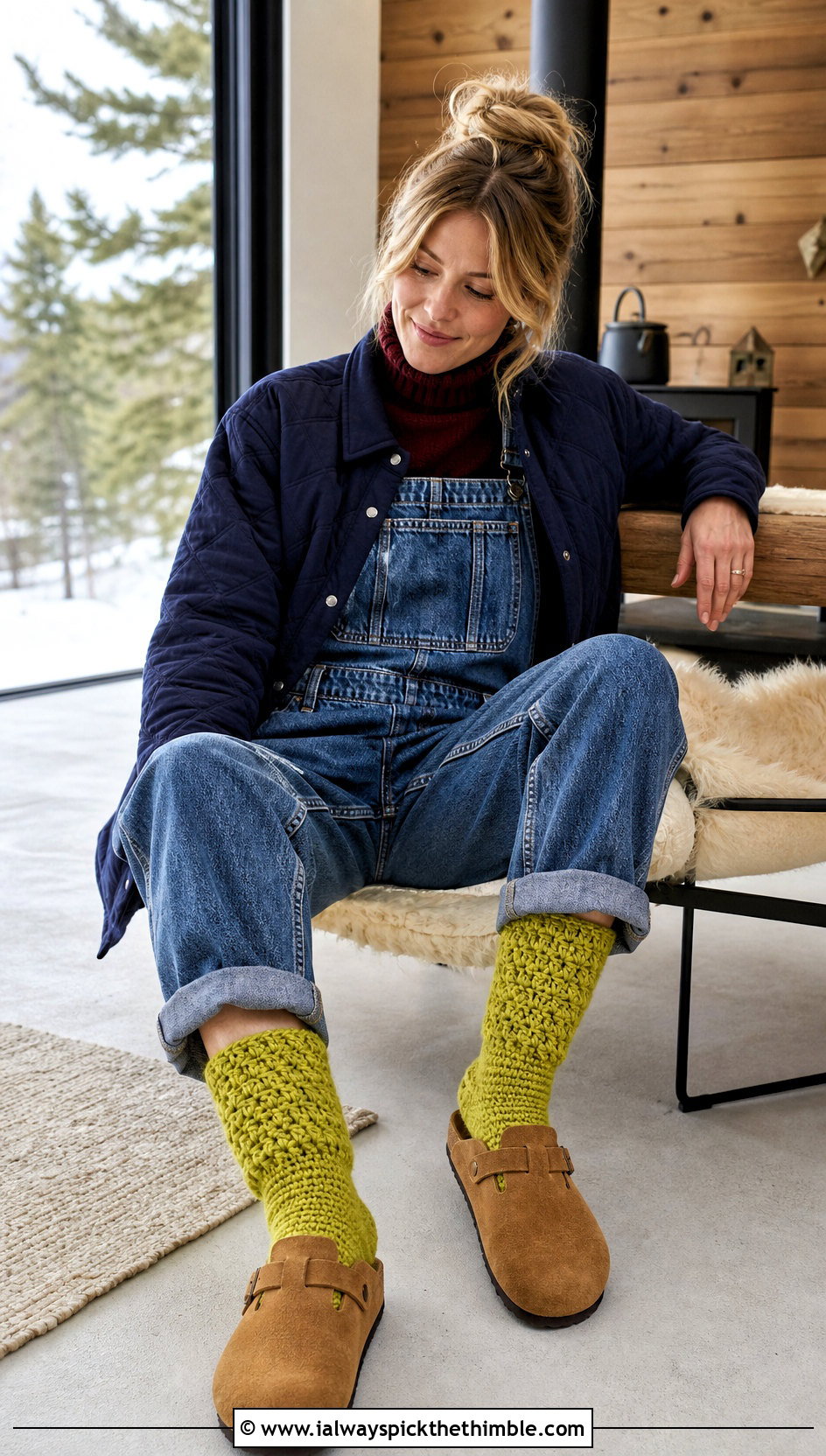 Alpine Stitch Wool Crochet Cabin Socks With Denim Overalls - 20 Wool Crochet Sock outfit ideas