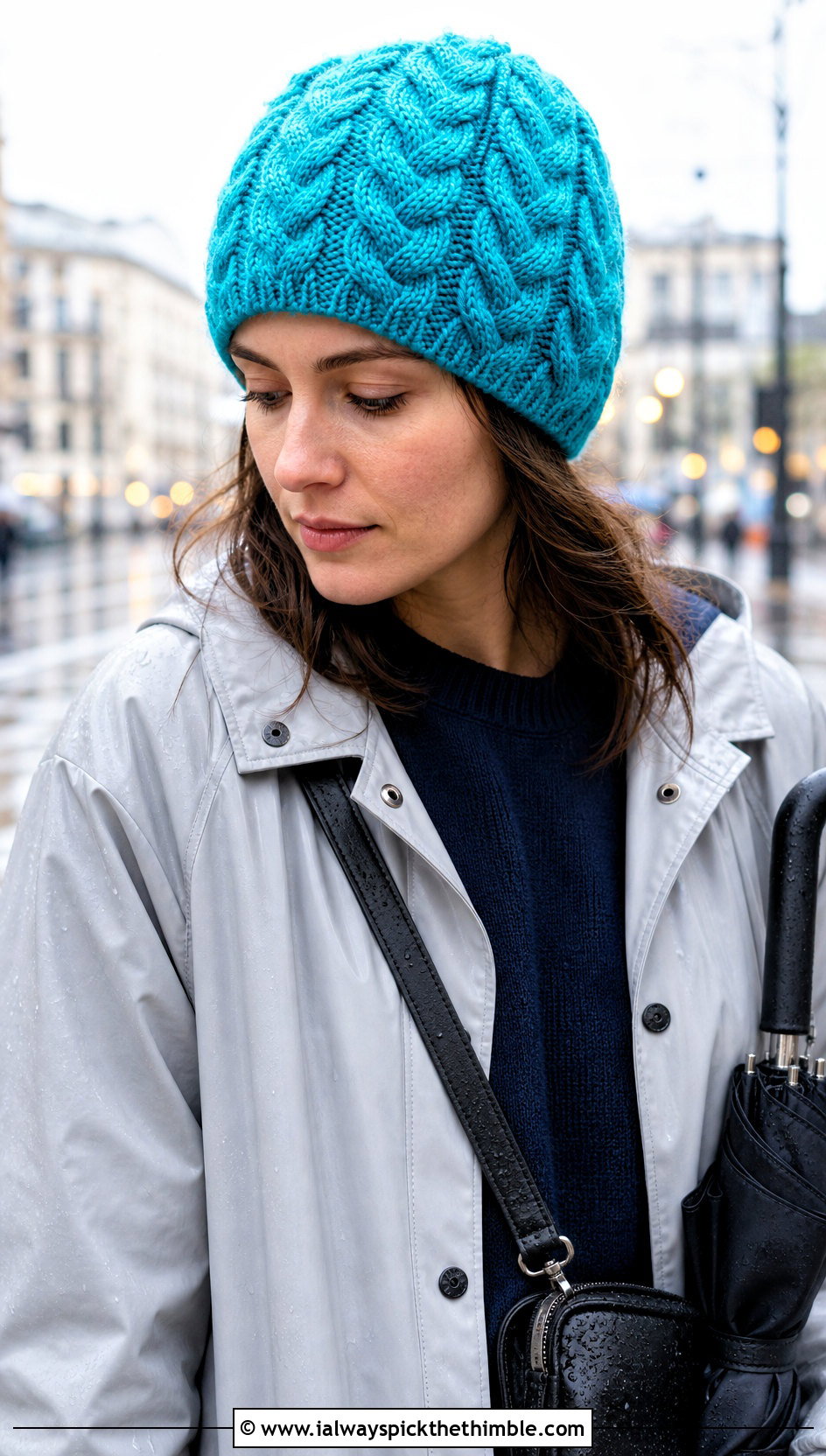 Alternating Cable Crochet Hat With Raincoat - 20 Cable Crochet Hat outfit ideas