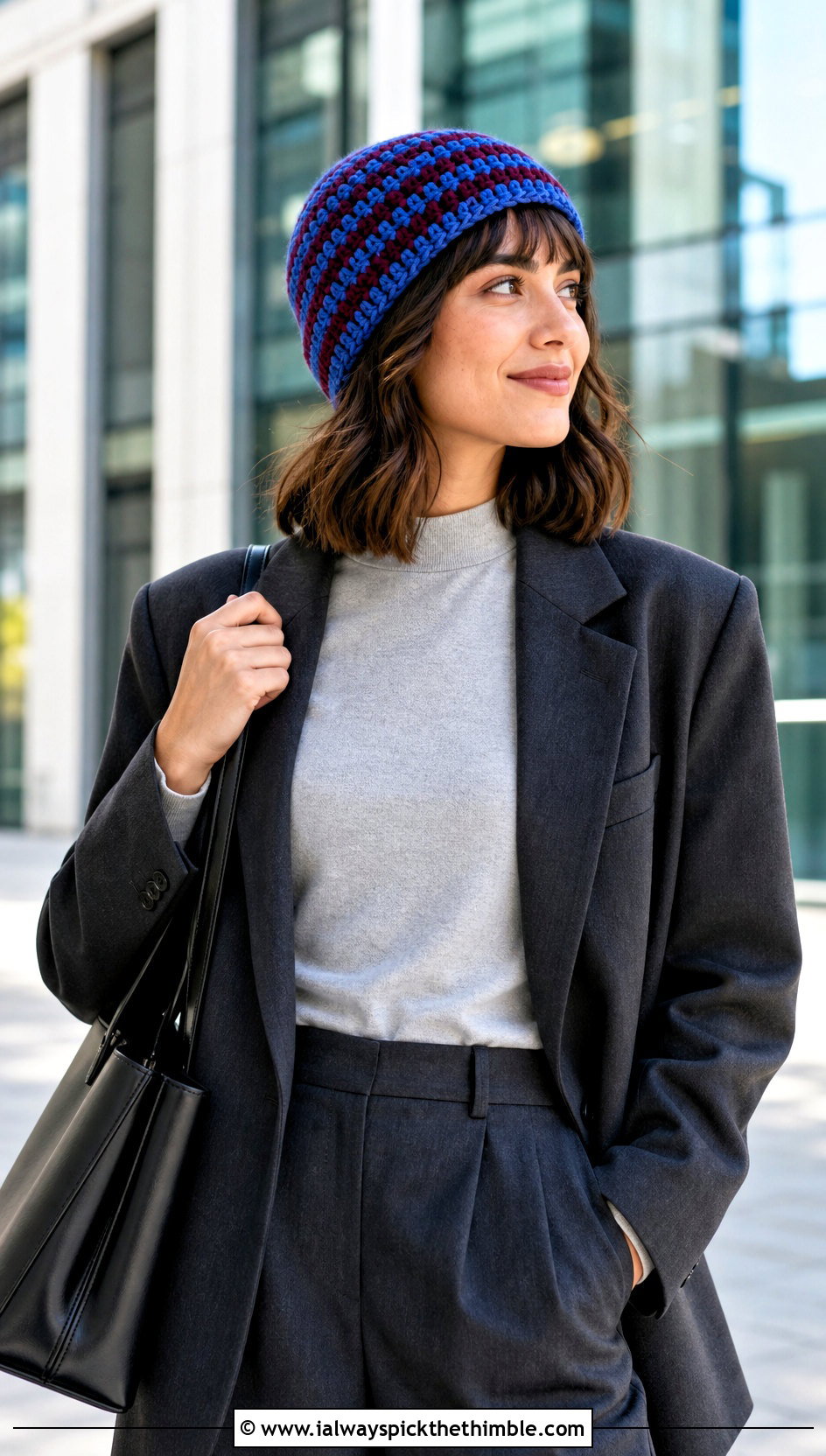 Alternating Round Two Color Crochet Beanie With Blazer And Wide Leg Pants - 20 Color Block Crochet Beanie outfit ideas