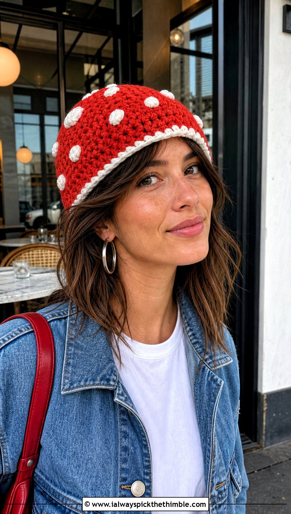 Amanita Mushroom Beanie With Denim Jacket And Jeans - 20 crochet mushroom beanie outfit ideas