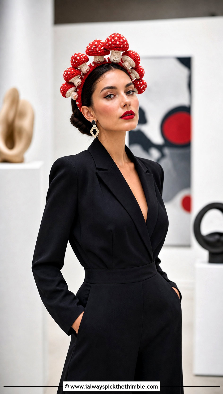 Amanita Mushroom Crown Headband With Black Jumpsuit - 20 mushroom crochet headband outfit ideas