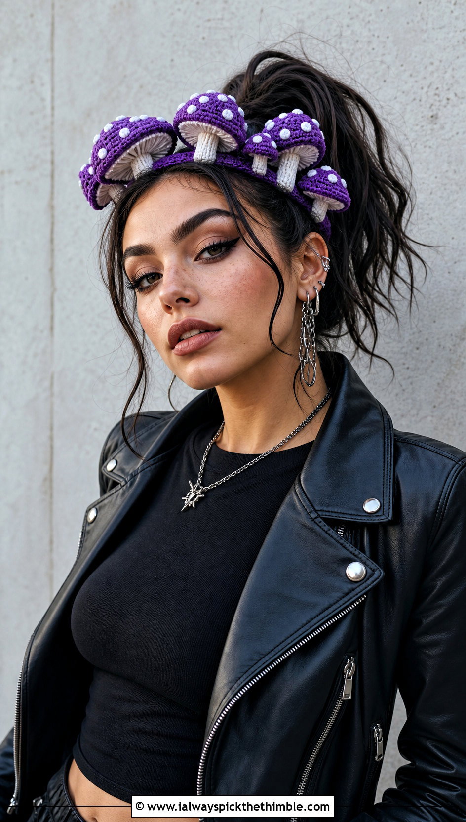 Amanita Mushroom Crown Headband With Leather Jacket - 20 Crochet Mushroom Headband outfit ideas