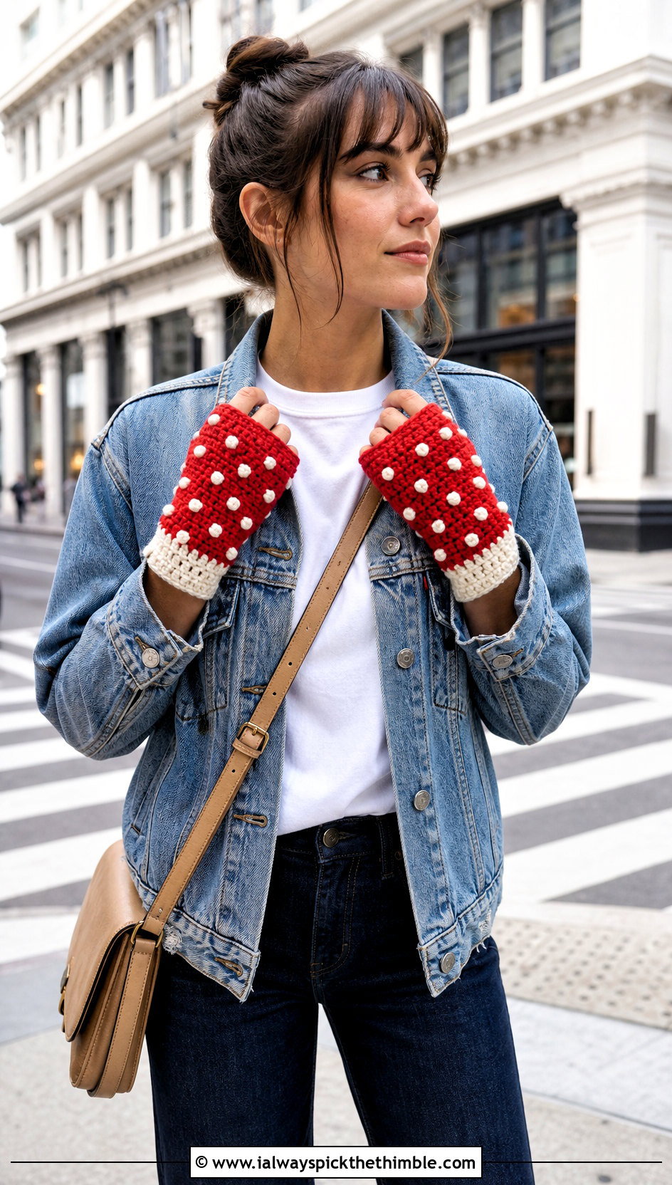 Amanita Mushroom Fingerless Gloves With Denim Jacket And Jeans - 20 Crochet Mushroom Gloves outfit ideas