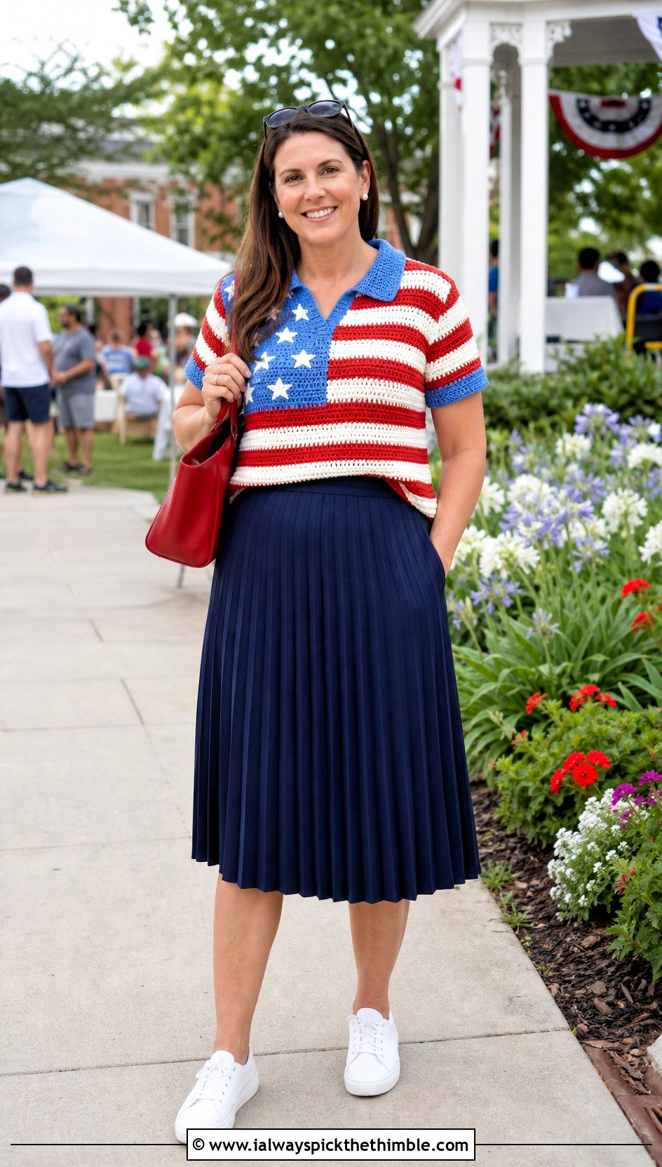 American Flag Crochet Polo Top With Pleated Skirt - 20 american flag crochet top outfit ideas