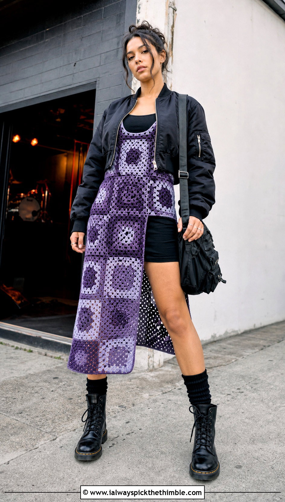 Amethyst Granny Square Crochet Dress With Combat Boots - 25 purple crochet dress outfit ideas