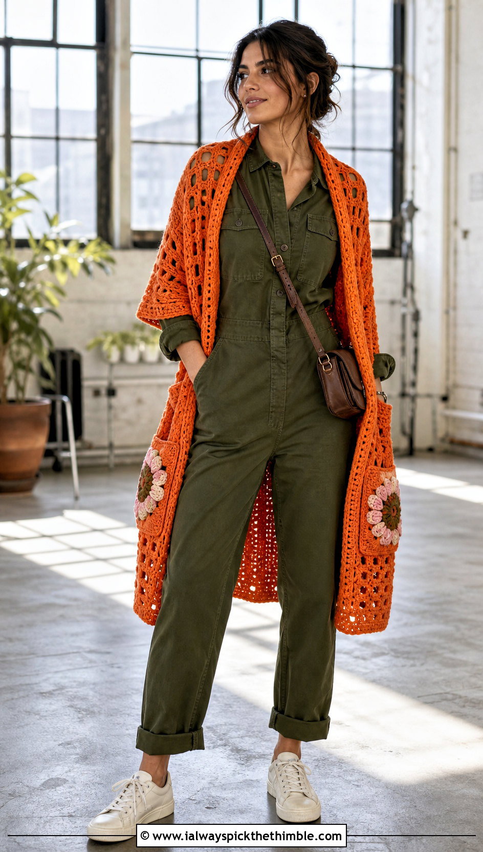 Anemone Granny Square Pocket Shawl With Utility Jumpsuit - 20 Granny Square Pocket Shawl outfit ideas