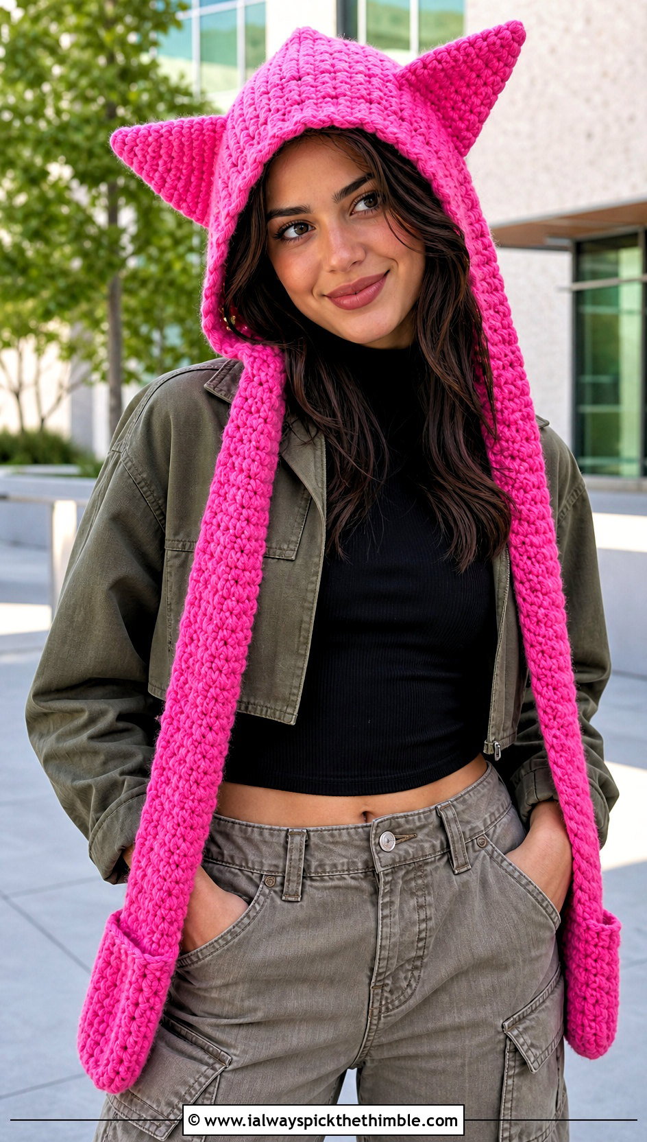 Animal Ear Hooded Scarf With Cargo Pants - 20 crochet scarf with hood outfit ideas