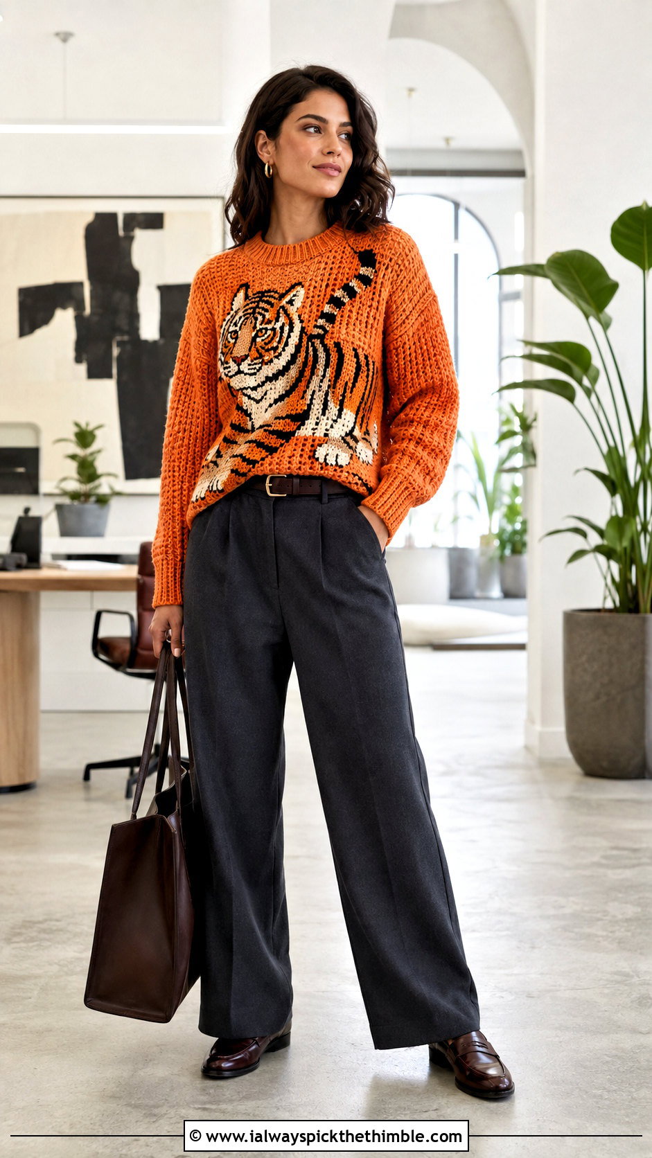 Animal Motif Crochet Graphic Sweater With Tailored Trousers - 20 crochet graphic sweater outfit ideas