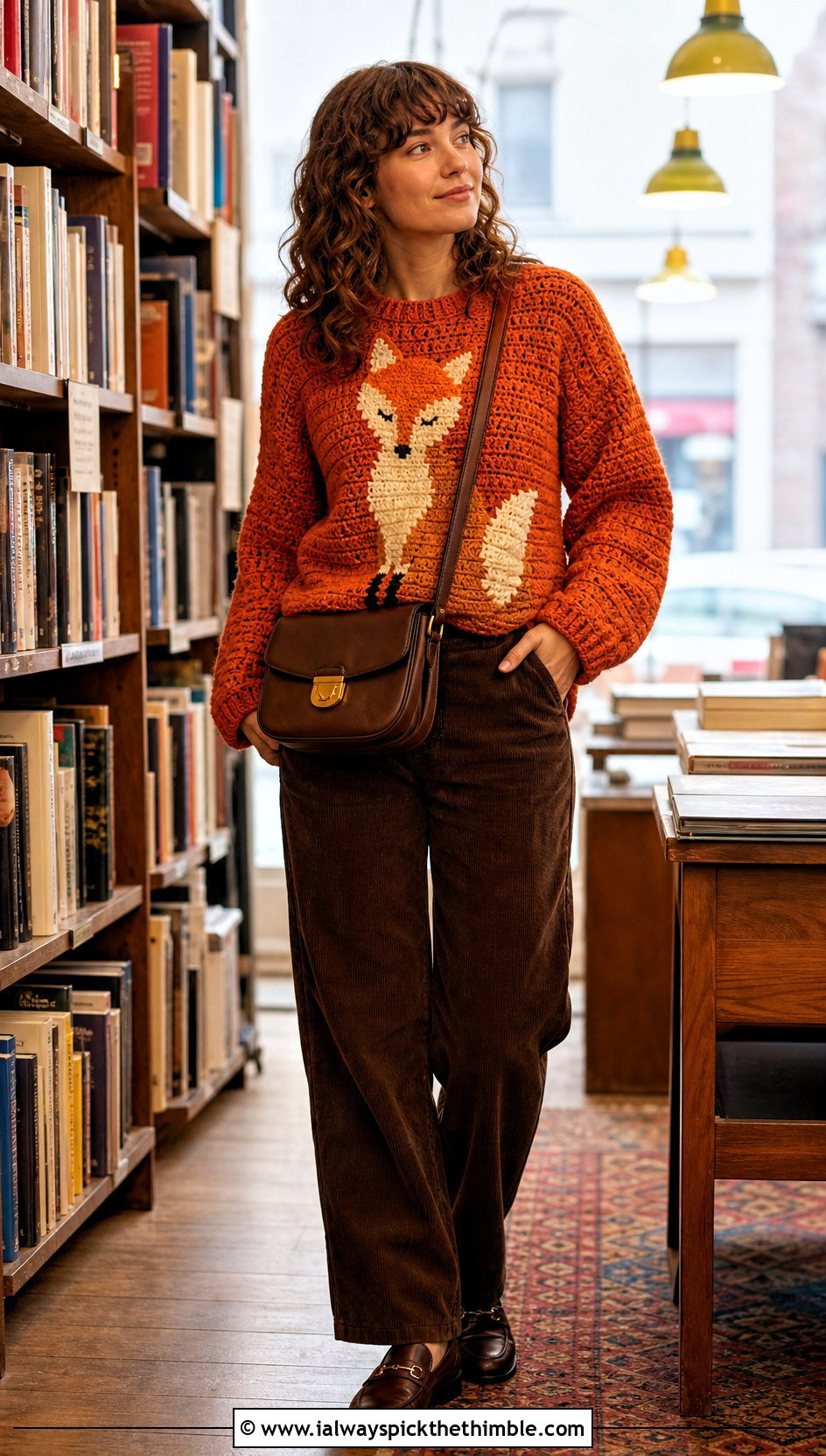 Animal Motif Crochet Sweater With Corduroy Pants - 20 Patterned Crochet Sweater outfit ideas