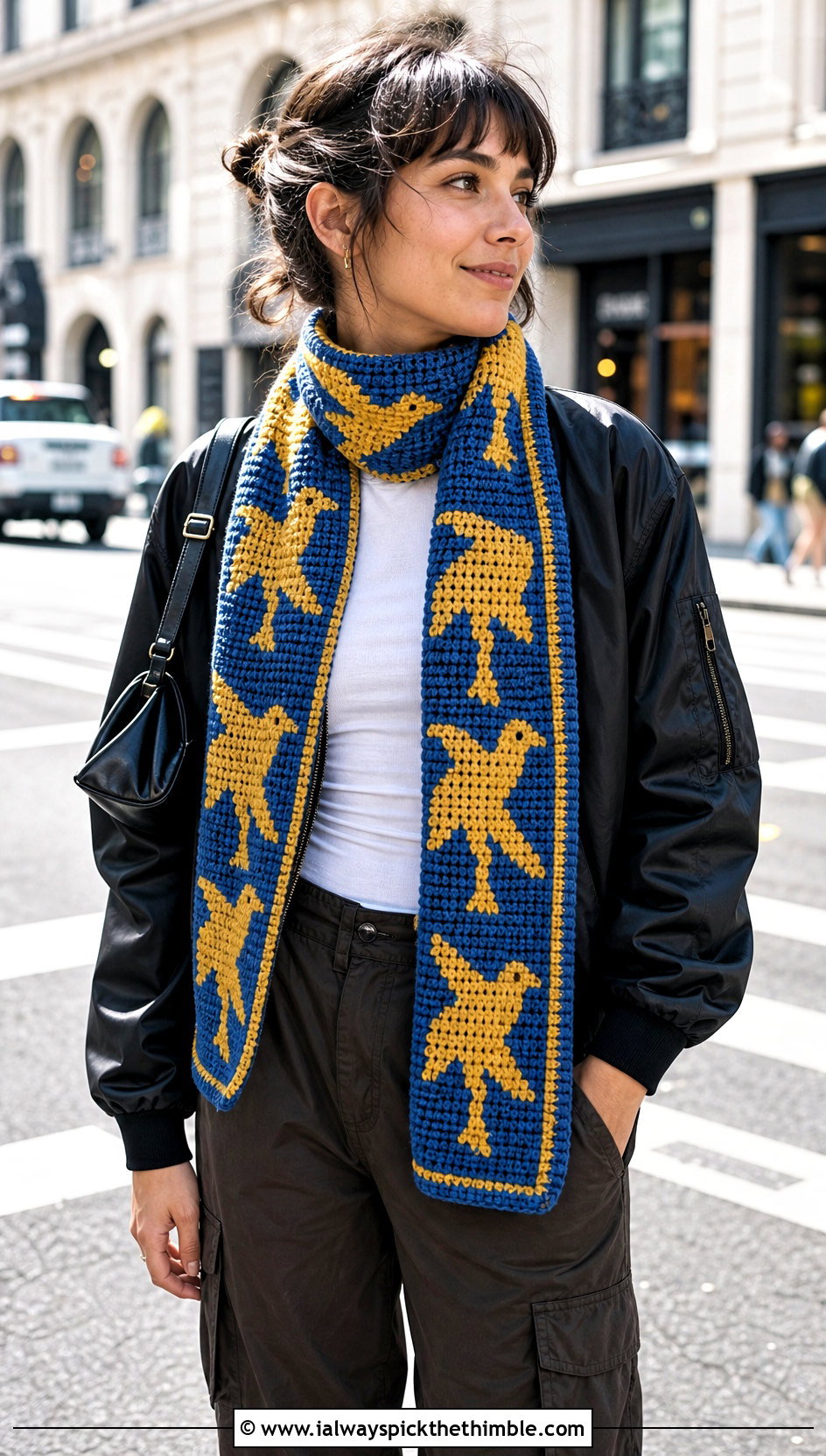 Animal Motif Tapestry Crochet Scarf With Bomber Jacket - 25 tapestry crochet scarf outfit ideas