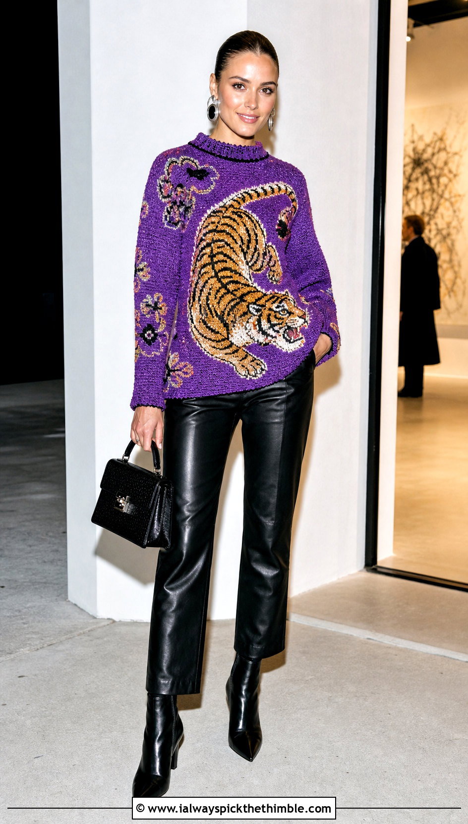 Animal Motif Tapestry Crochet Sweater With Leather Pants - 20 tapestry crochet sweater outfit ideas