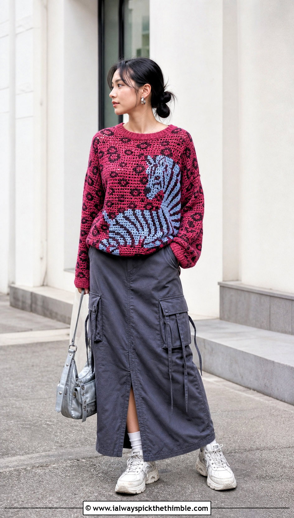 Animal Print Crochet Graph Sweater With Cargo Maxi Skirt - 20 crochet graph sweater outfit ideas